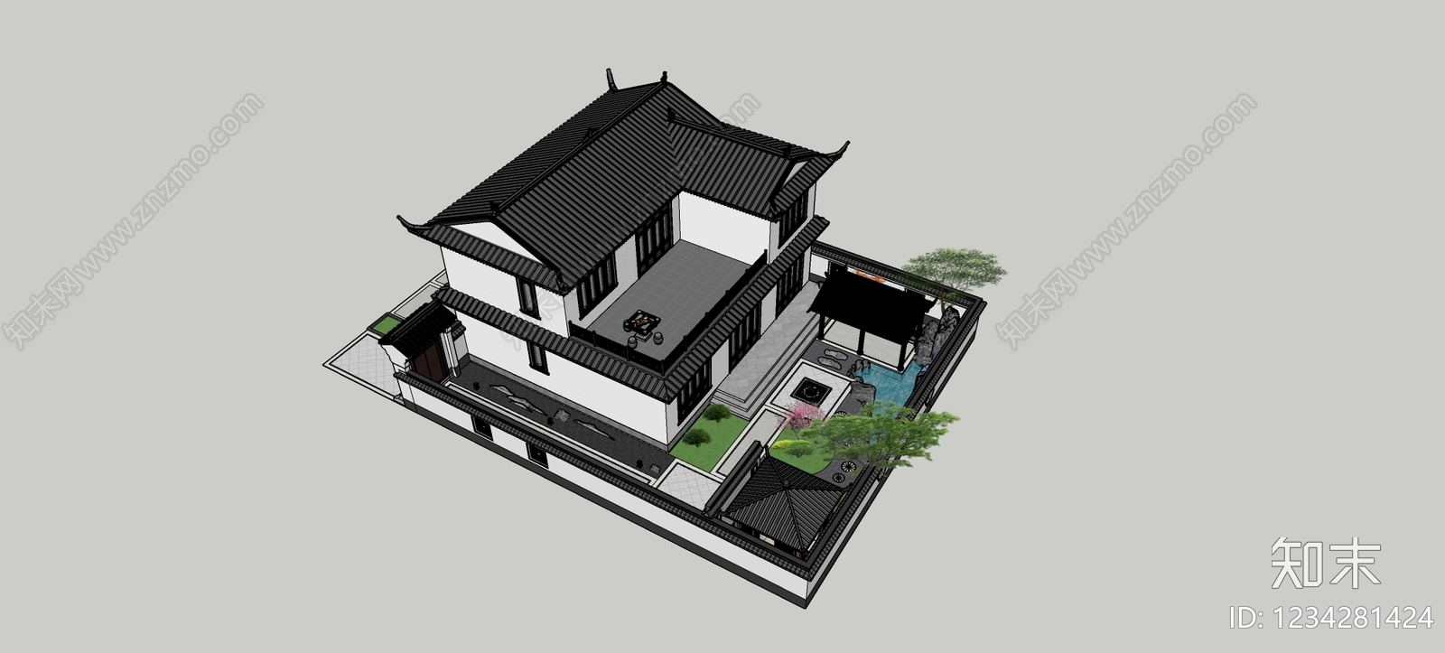 中式古建独栋别墅SU模型下载【ID:1234281424】