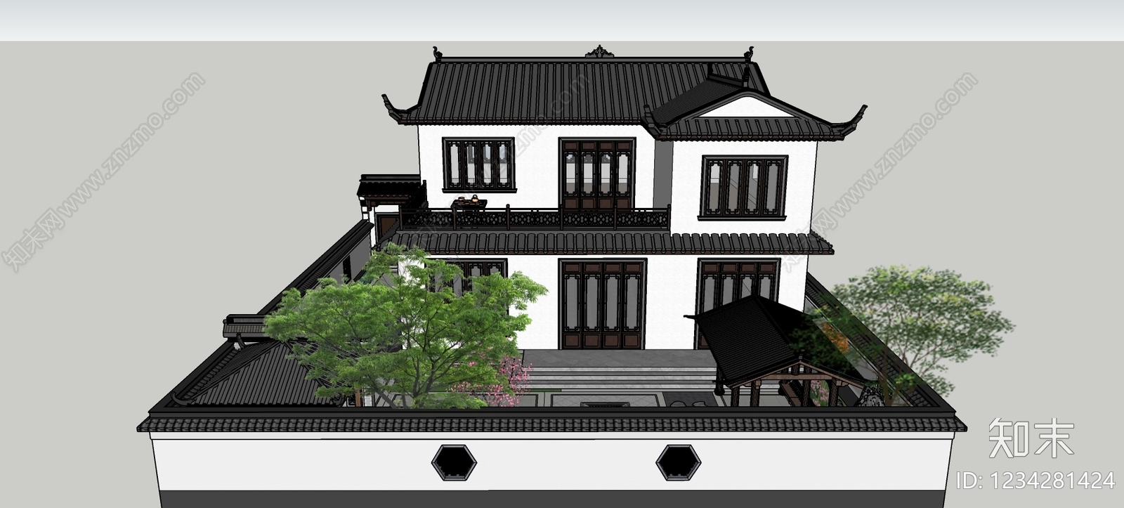 中式古建独栋别墅SU模型下载【ID:1234281424】