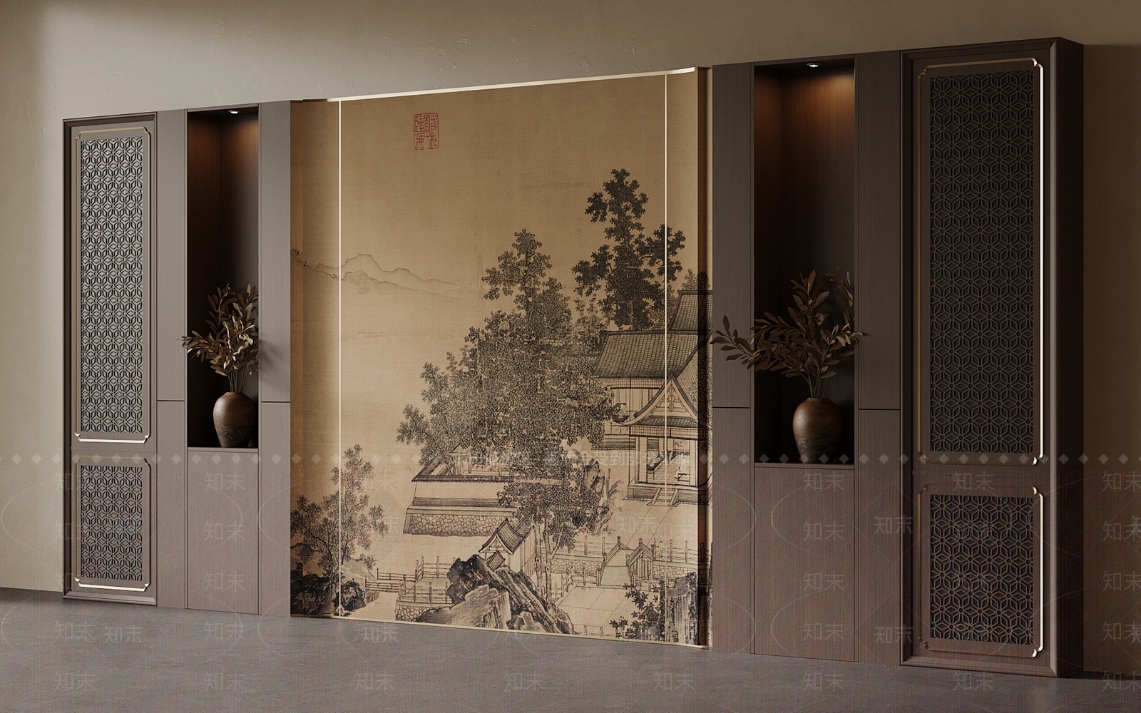 新中式玄关背景墙3D模型下载【ID:1234294334】