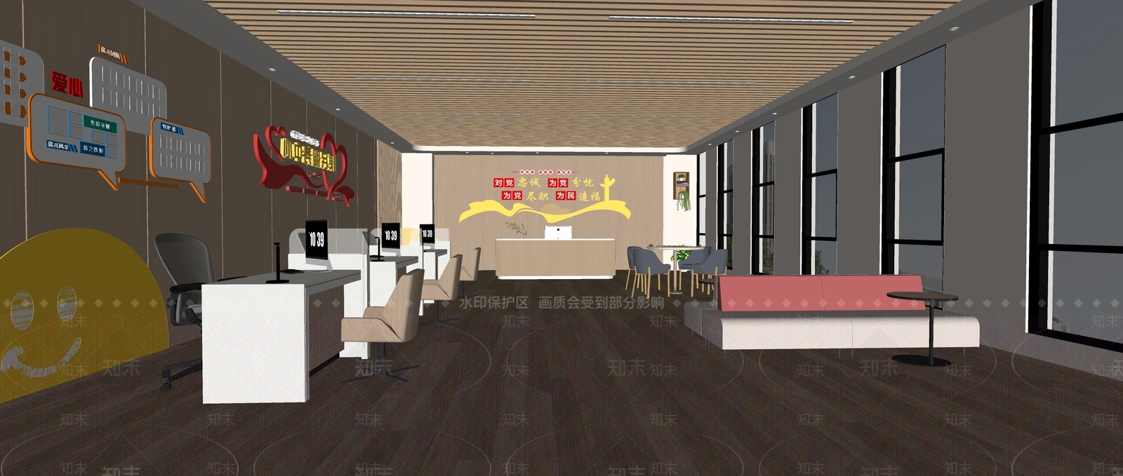 原木风办事大厅SU模型下载【ID:1234310041】