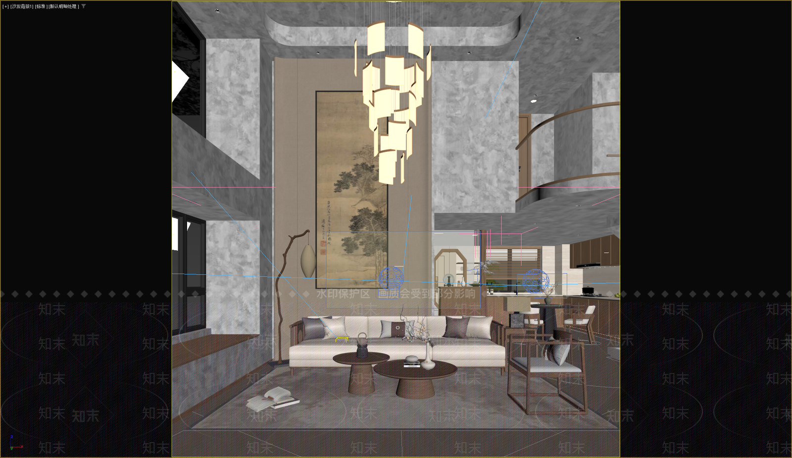 新中式挑空客厅3D模型下载【ID:1234337725】