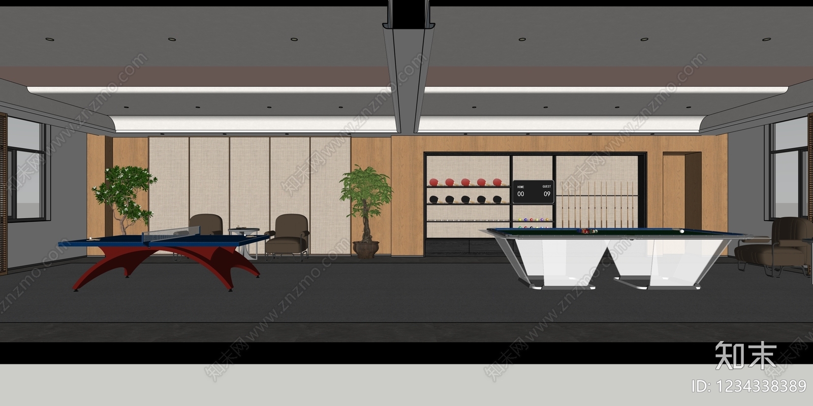 现代简约台球室SU模型下载【ID:1234338389】