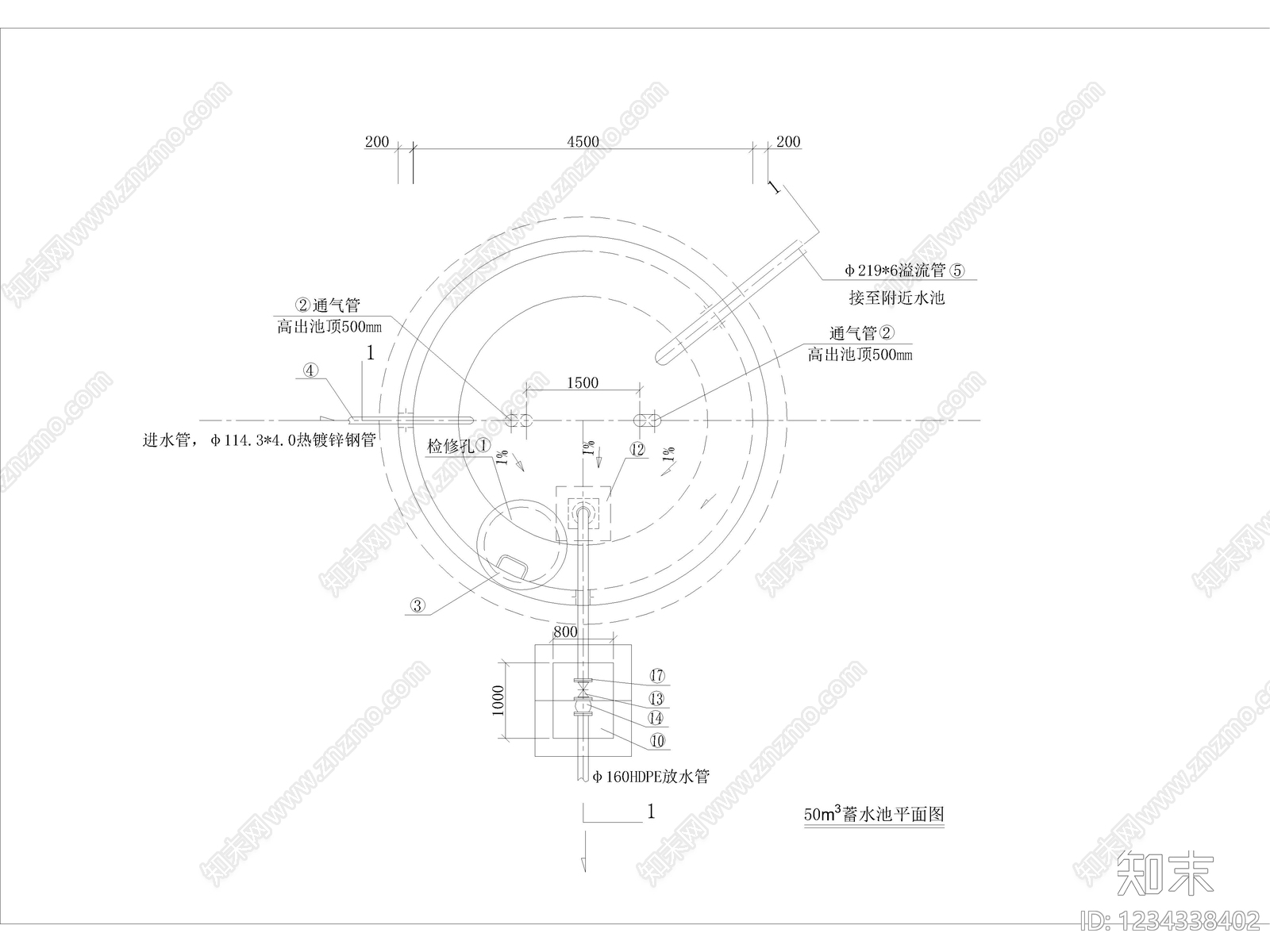 32套蓄水池钢筋混凝土供水池清水池矩形方形圆形蓄水池cad施工图下载【ID:1234338402】