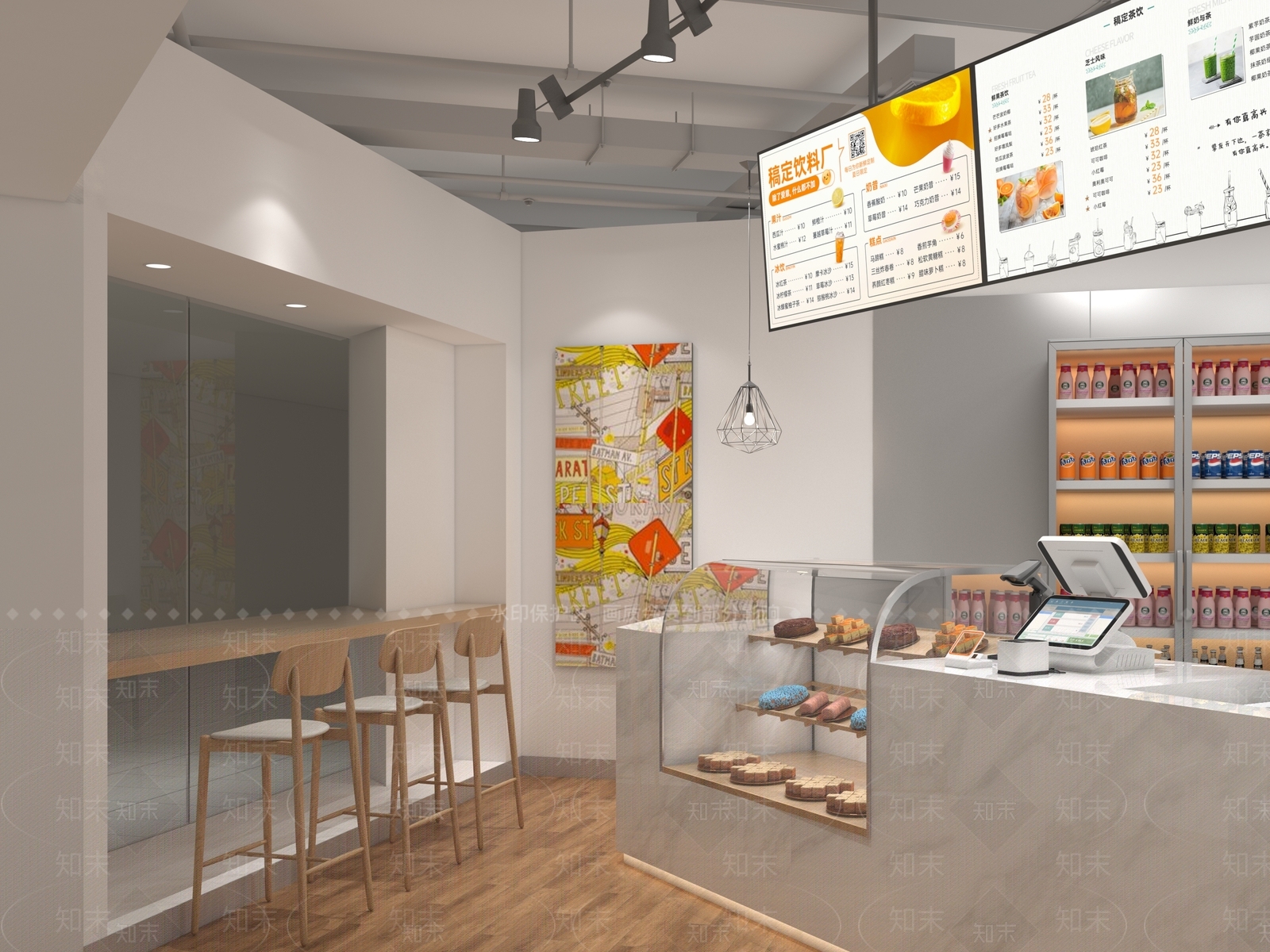 现代简约奶茶店3D模型渲染效果图