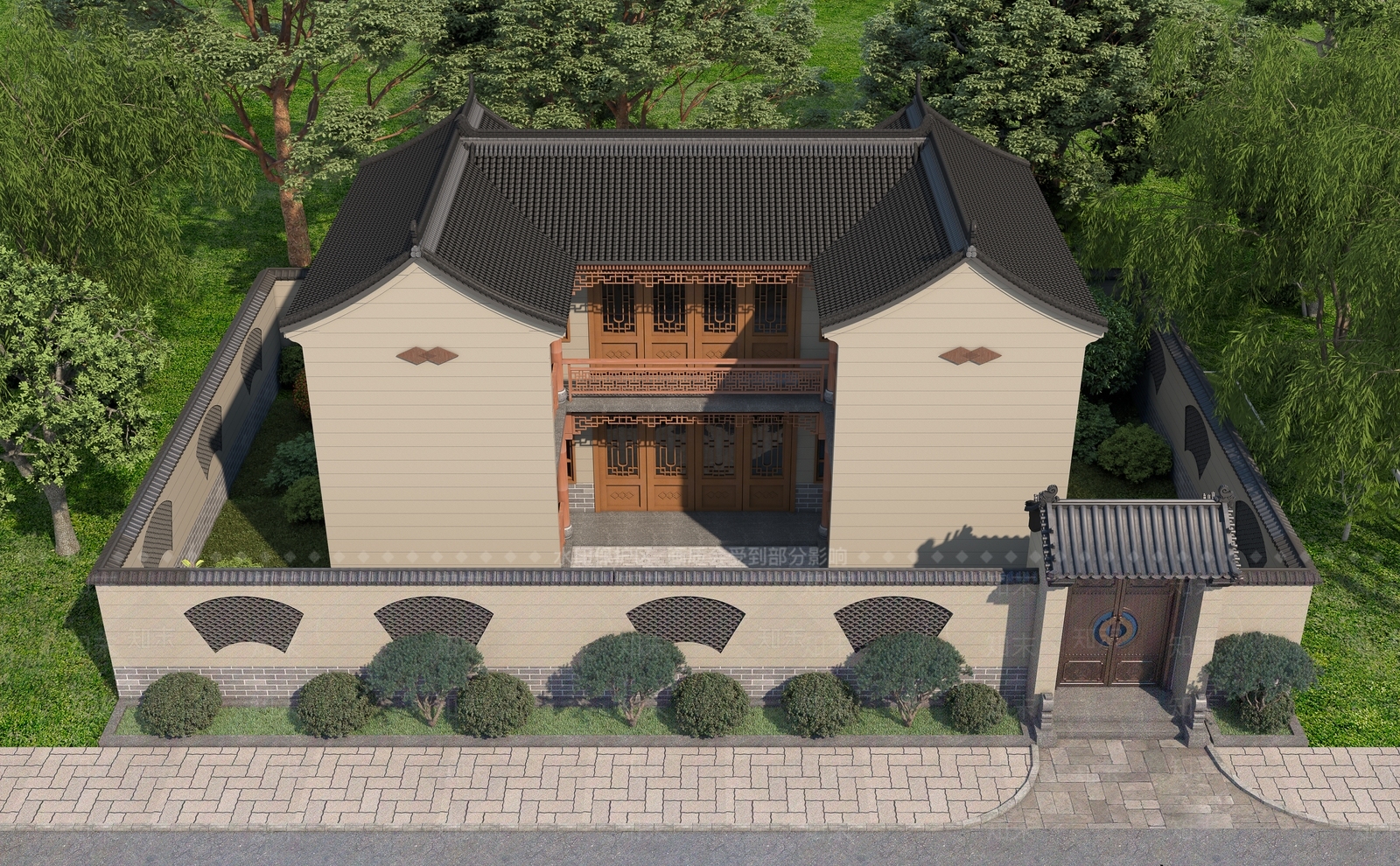 中式古建别墅外观3D模型渲染效果图