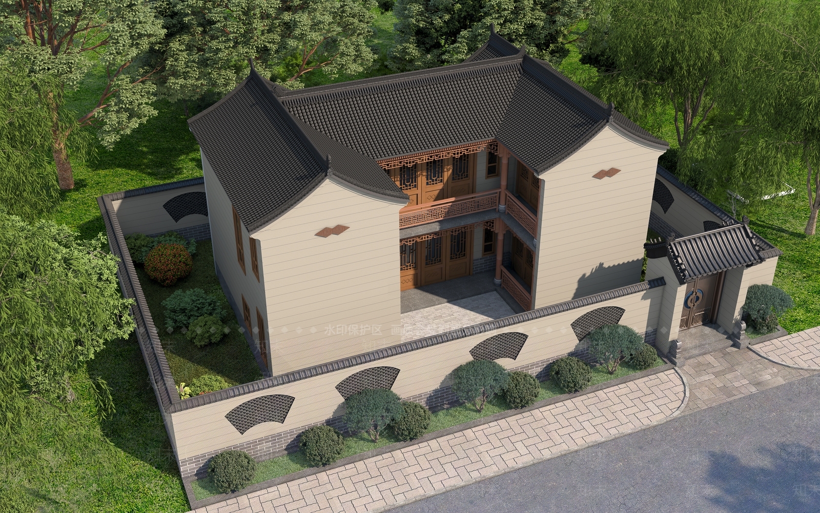 中式古建别墅外观3D模型下载【ID:1234353528】