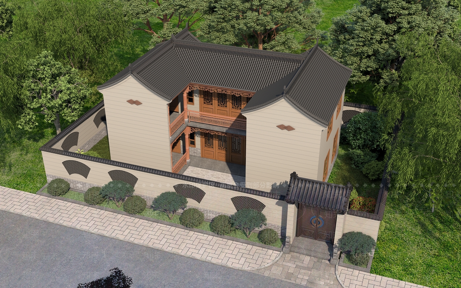 中式古建别墅外观3D模型下载【ID:1234353528】