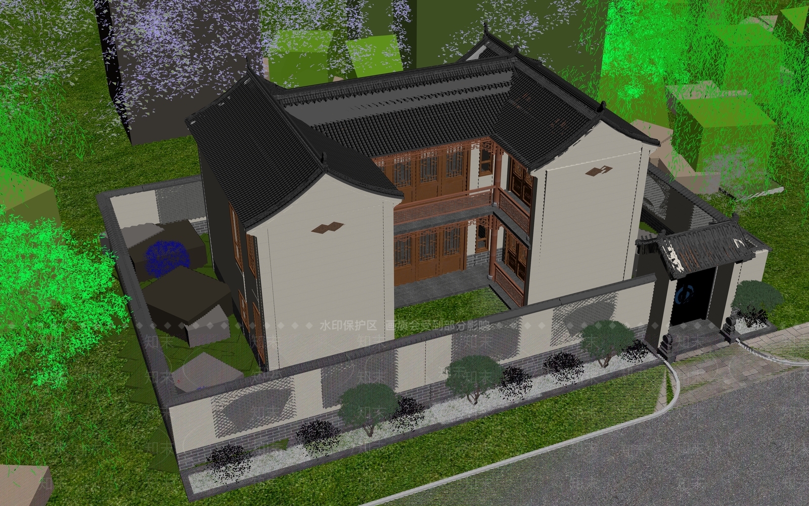 中式古建别墅外观3D模型下载【ID:1234353528】