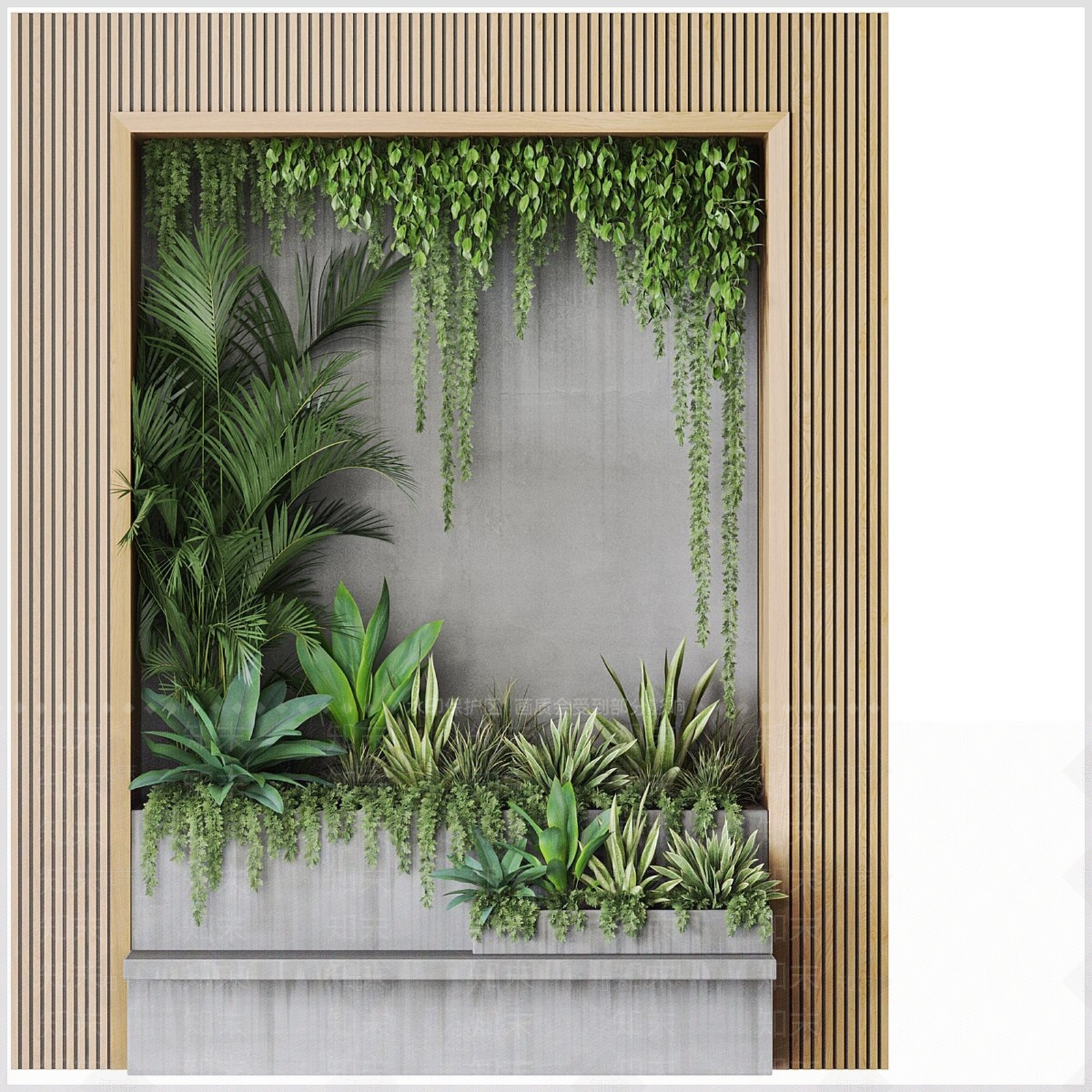 原木风绿植墙3D模型渲染效果图