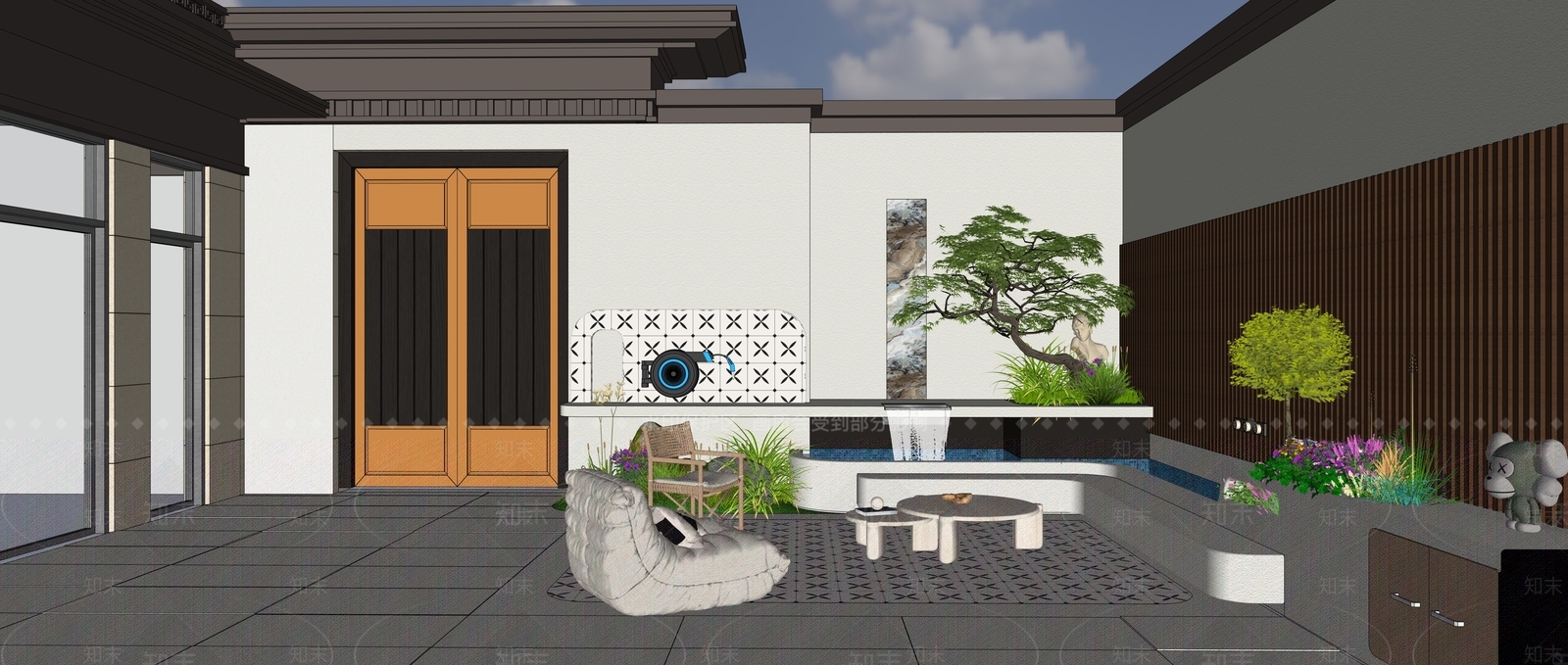 新中式景观别墅庭院SU模型下载【ID:1234370332】