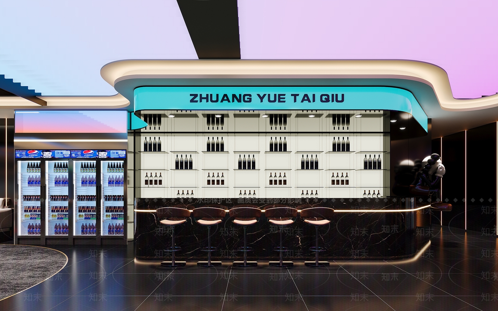 赛博朋克风台球室3D模型渲染效果图