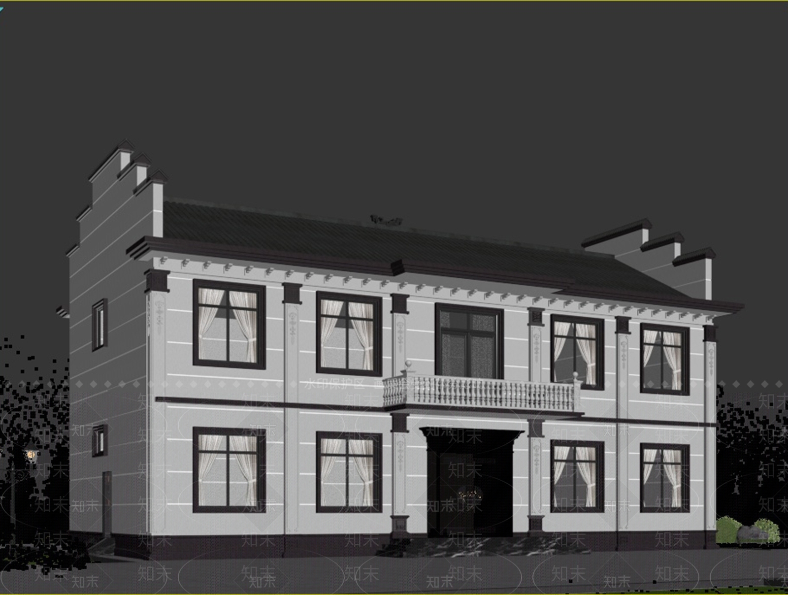 新中式别墅外观3D模型下载【ID:1234388452】