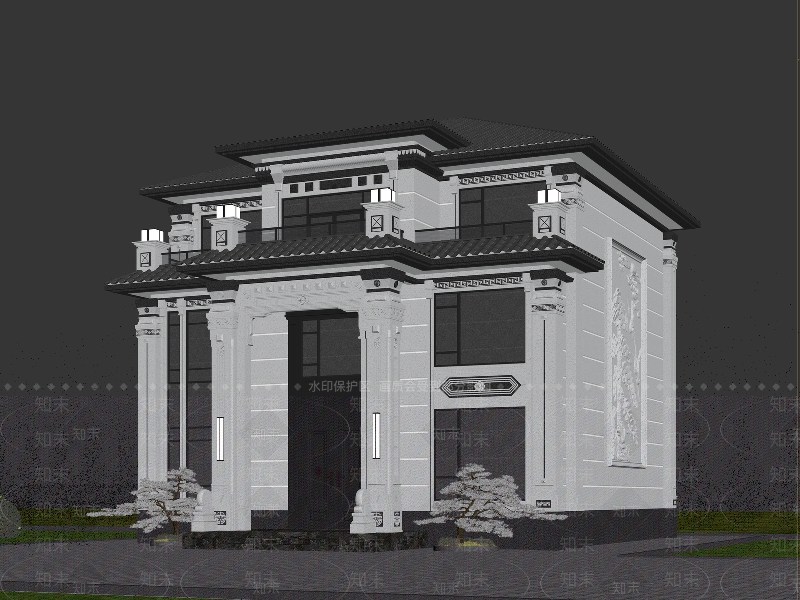 新中式别墅外观3D模型下载【ID:1234388828】