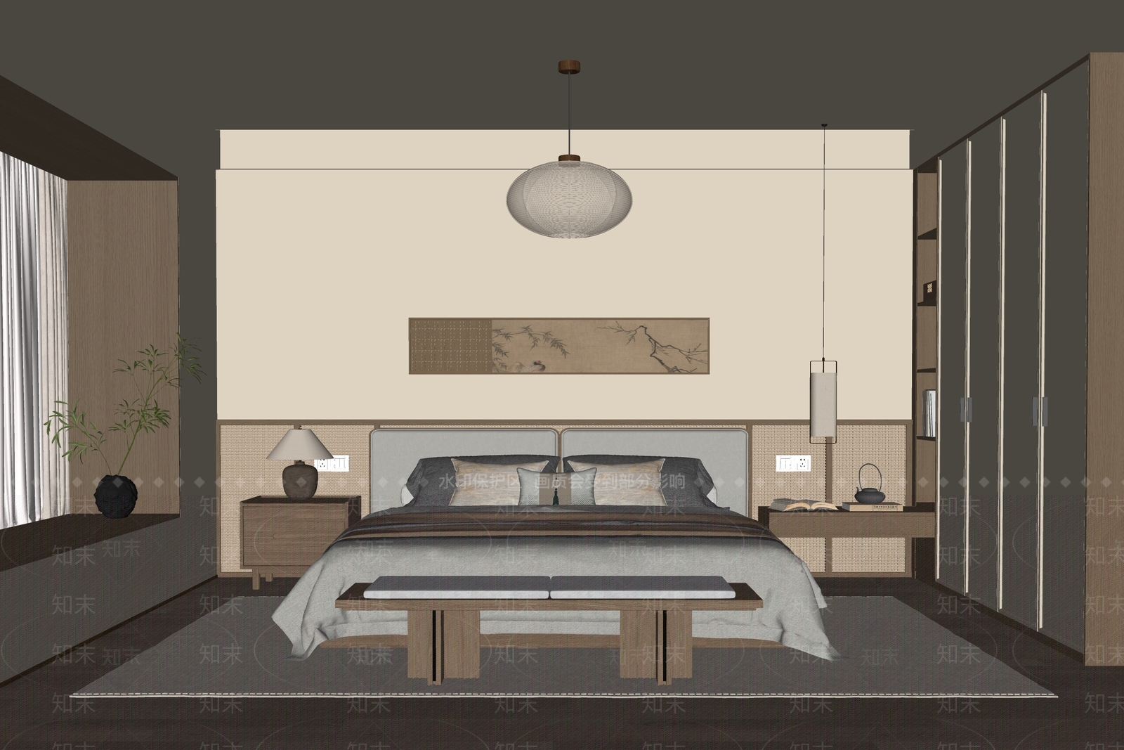 新中式家居卧室SU模型下载【ID:1234391941】