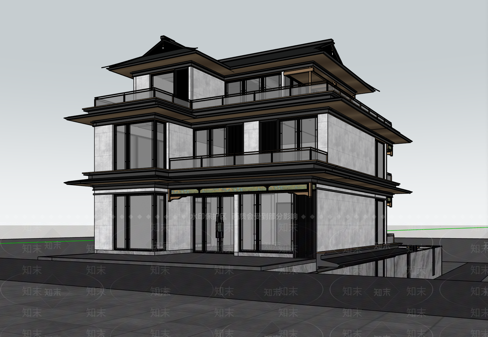 新中式独栋别墅SU模型下载【ID:1234441729】