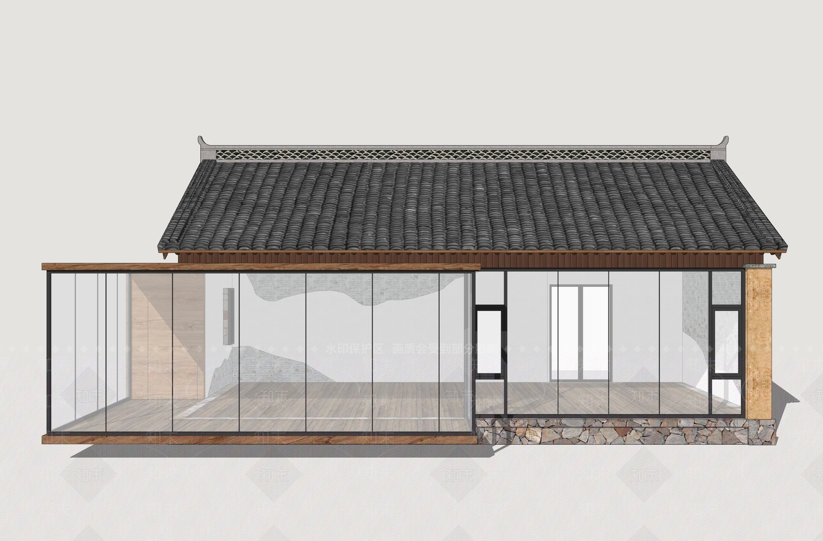 新中式民宿建筑SU模型下载【ID:1234473634】