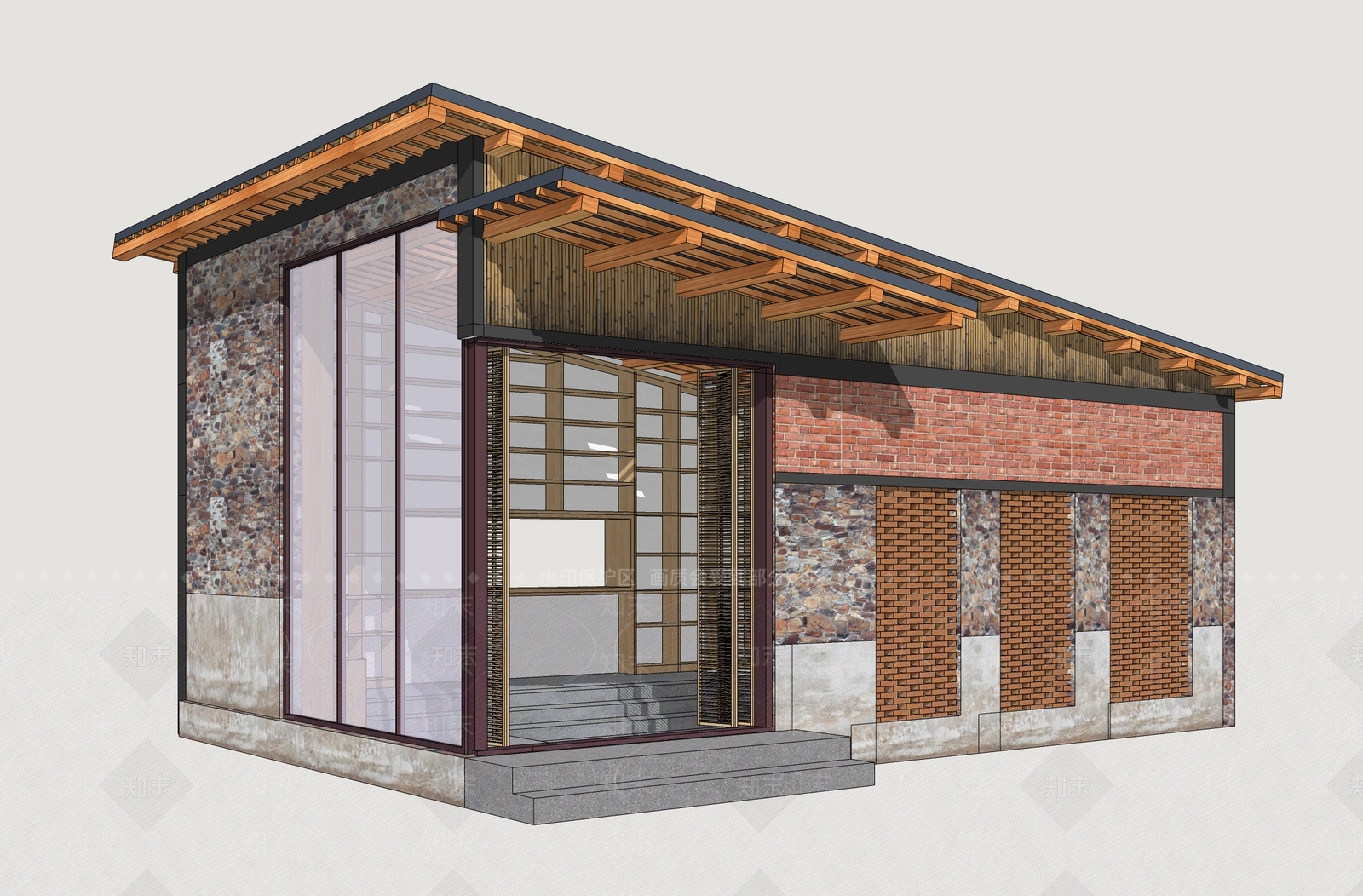 新中式民宿建筑SU模型下载【ID:1234473723】