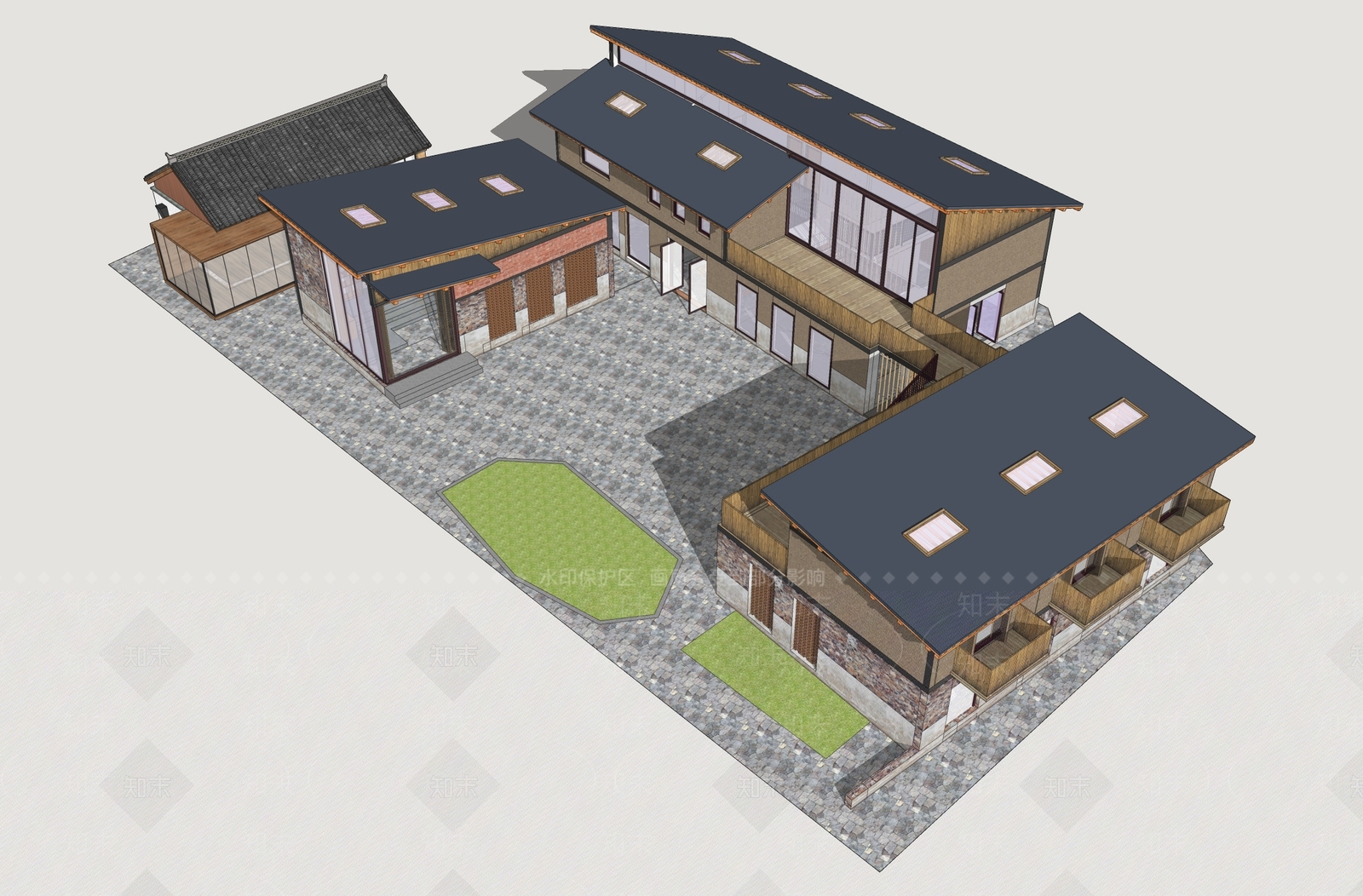新中式民宿建筑SU模型下载【ID:1234475094】