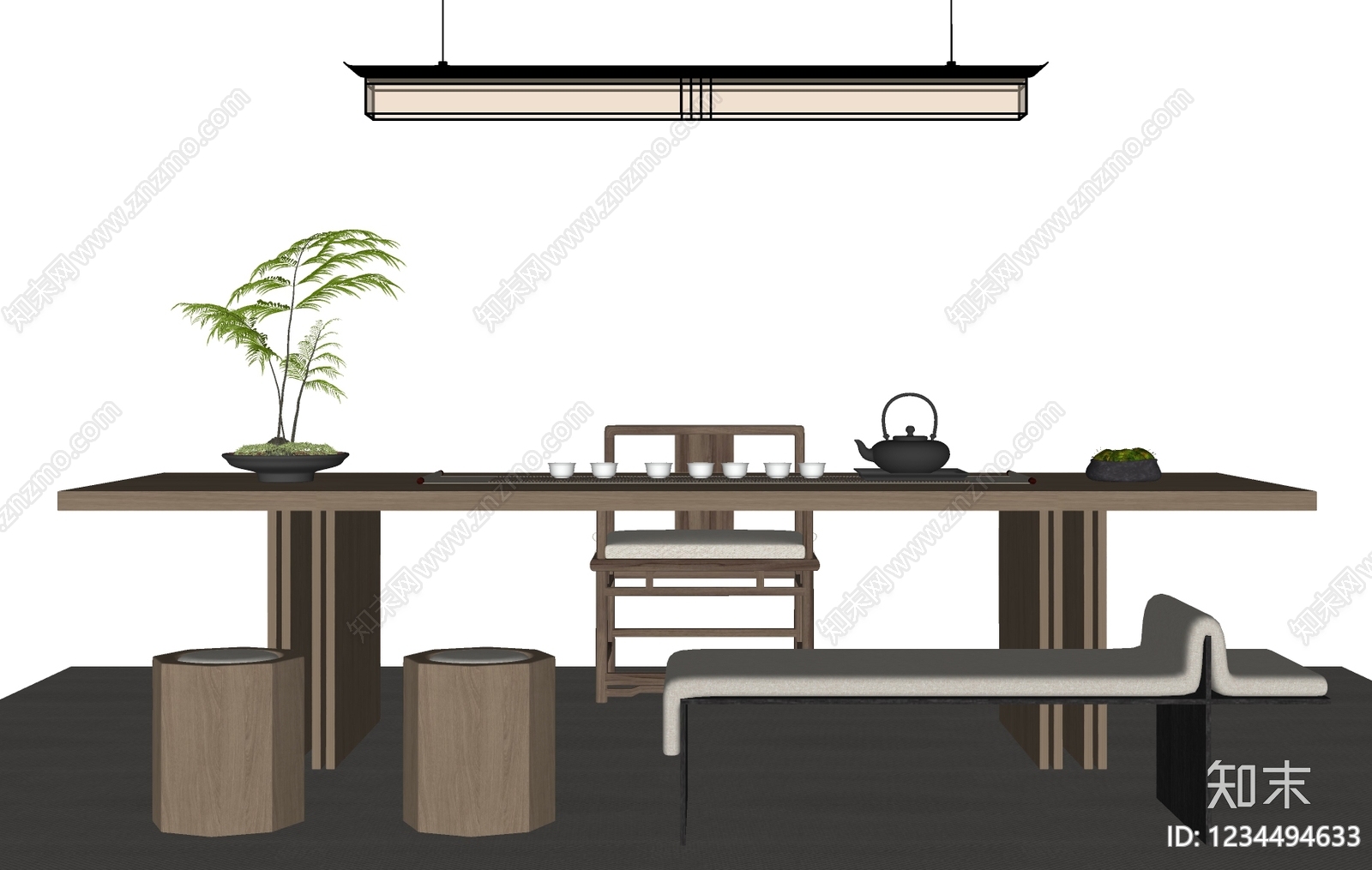 新中式茶桌椅SU模型下载【ID:1234494633】