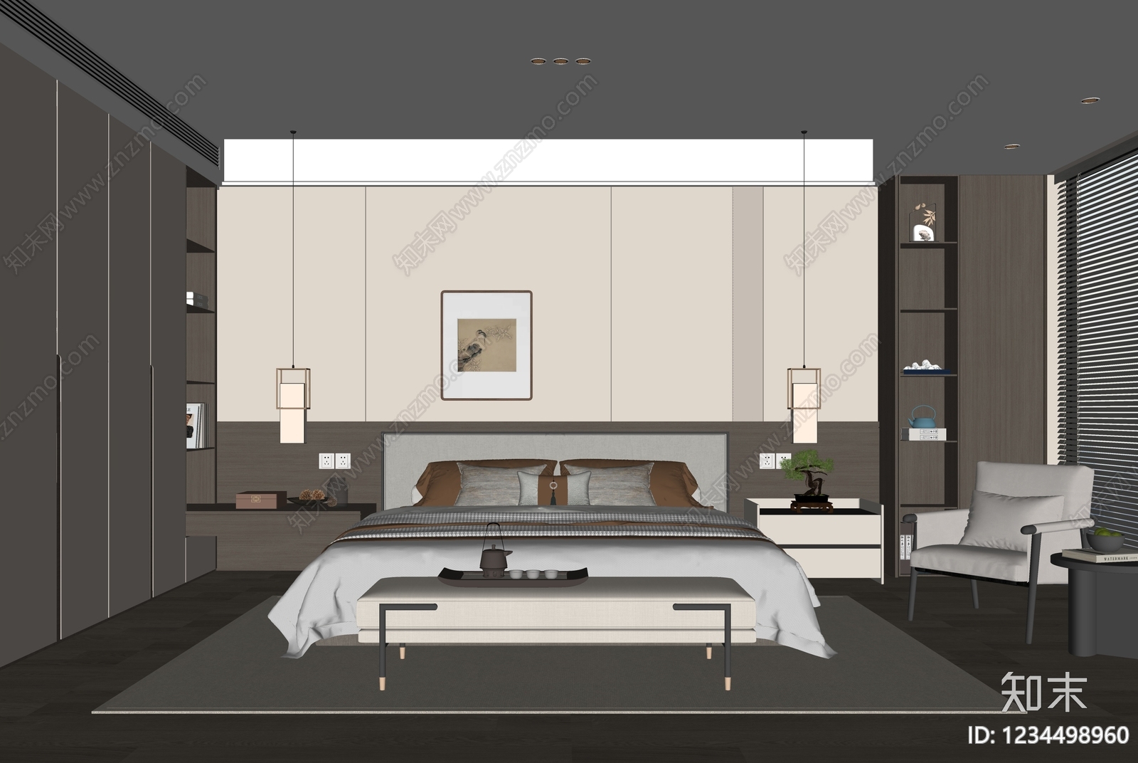 新中式家居卧室SU模型下载【ID:1234498960】