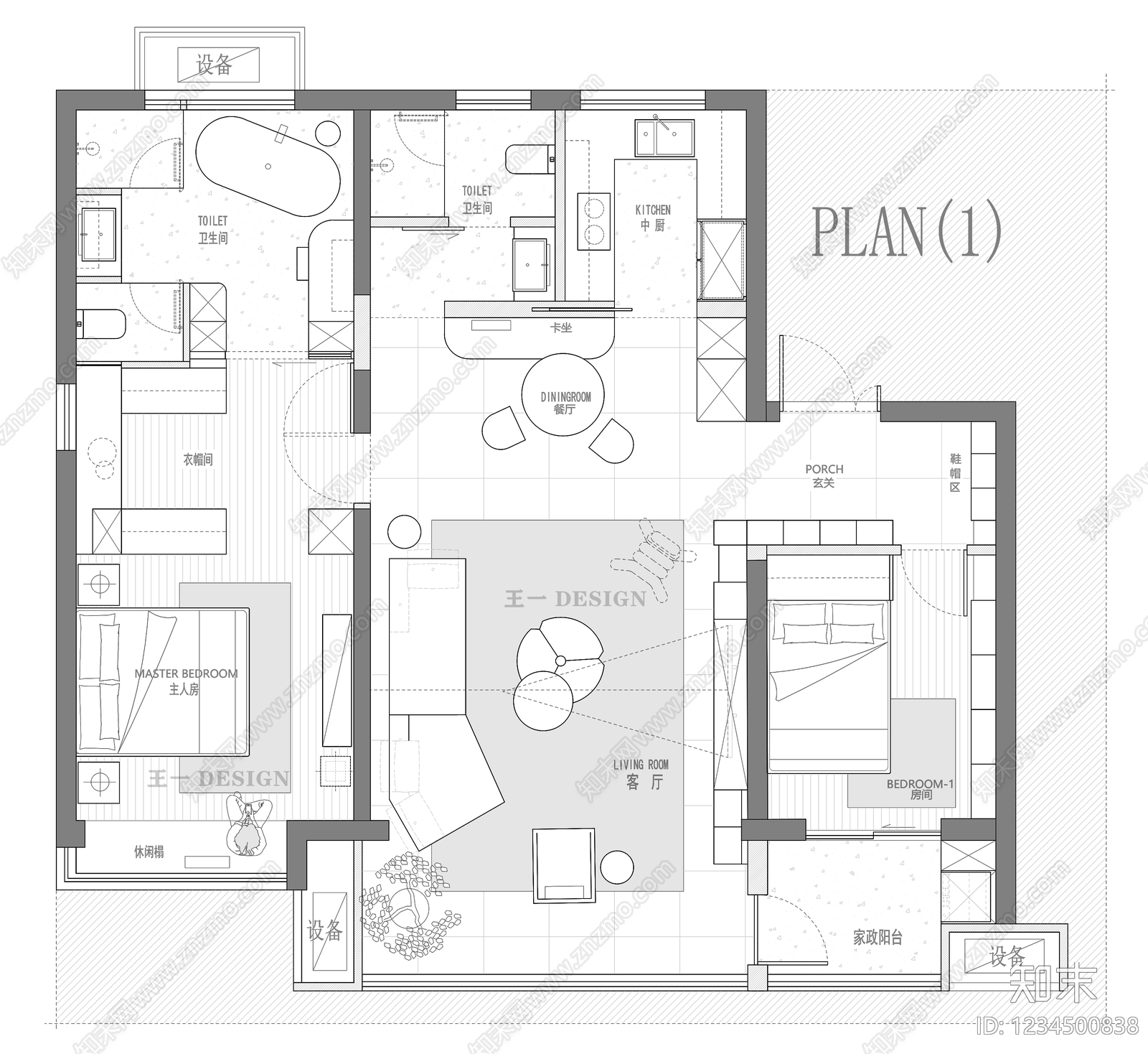 小户型平层cad施工图下载【ID:1234500838】