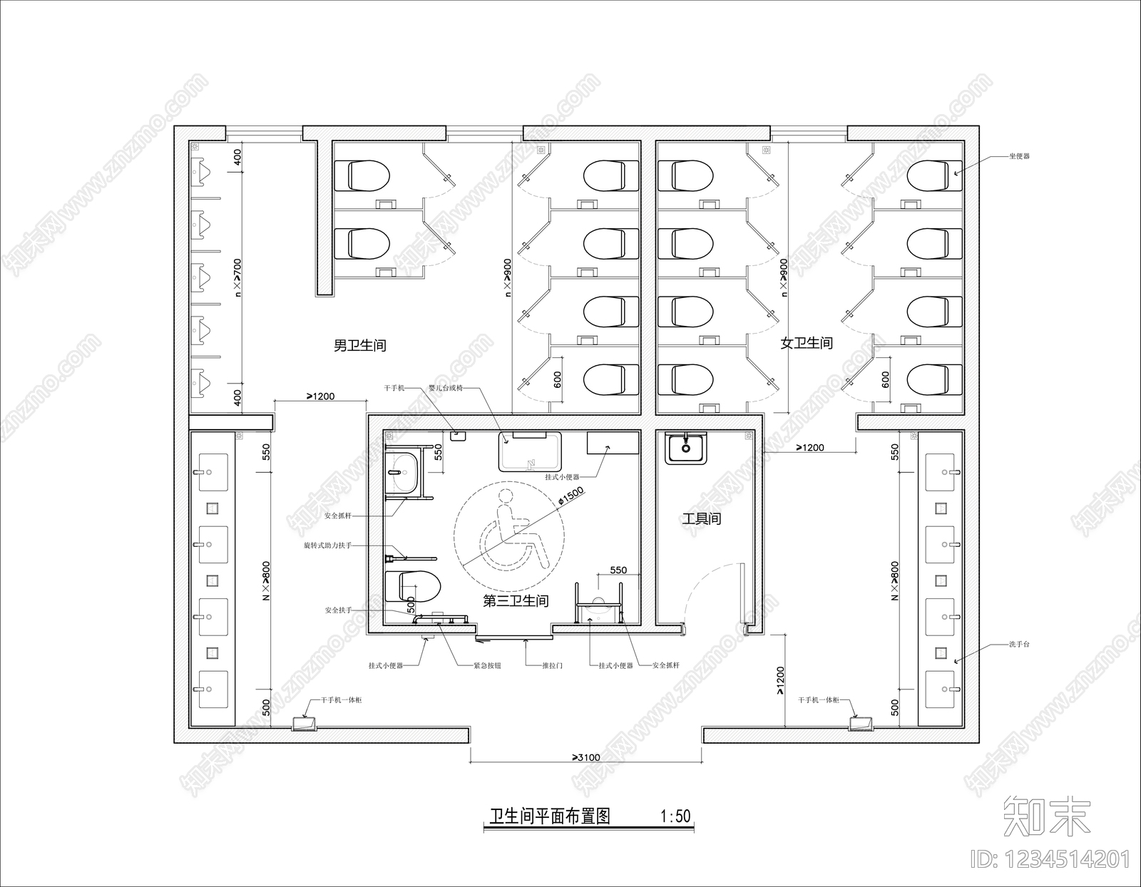 公共卫生间cad施工图下载【ID:1234514201】