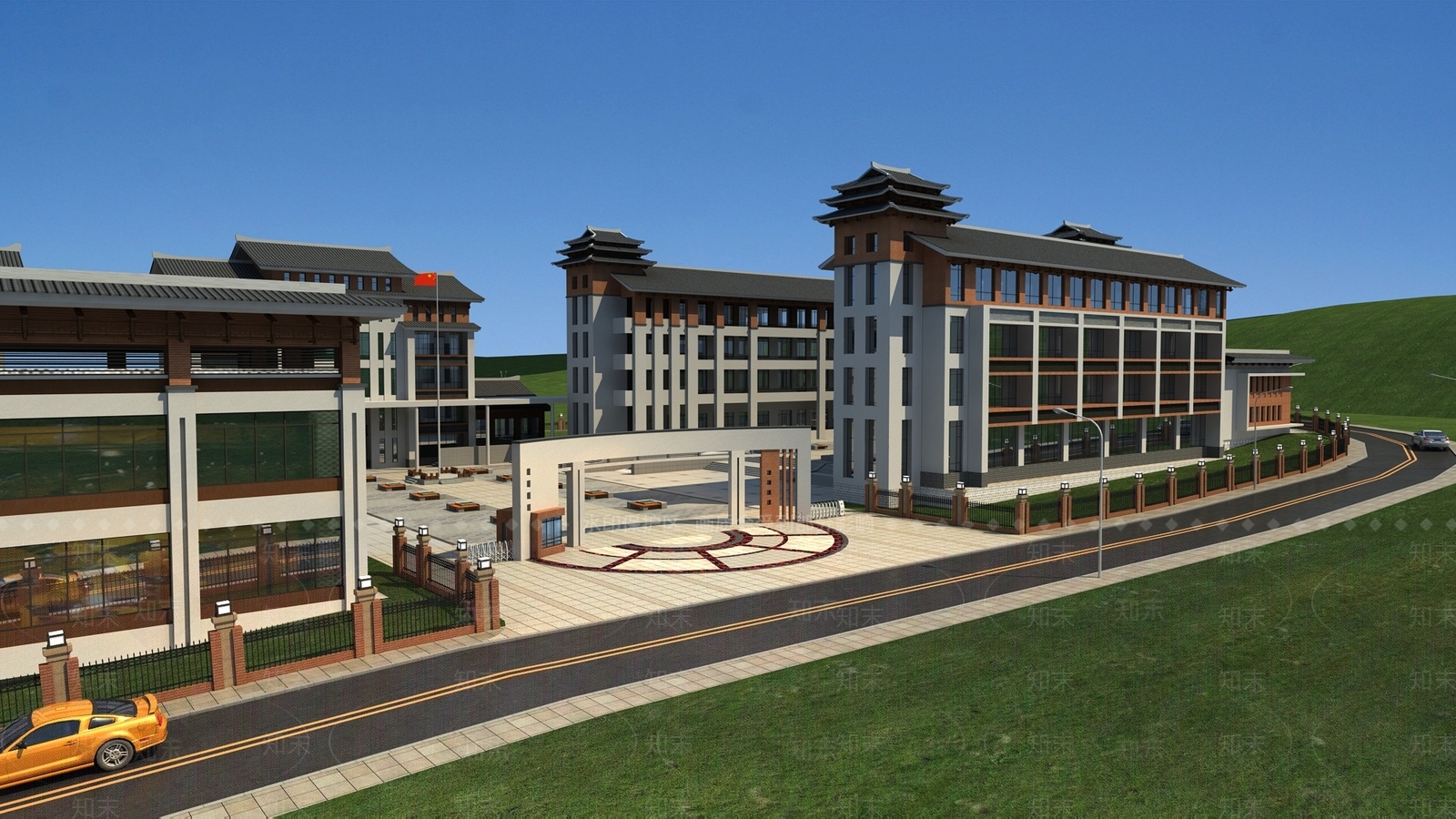新中式学校外观3D模型渲染效果图