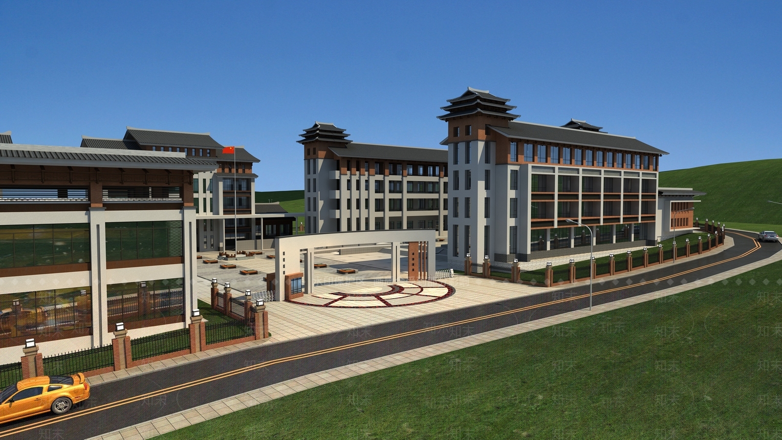 新中式学校外观3D模型下载【ID:1234514991】