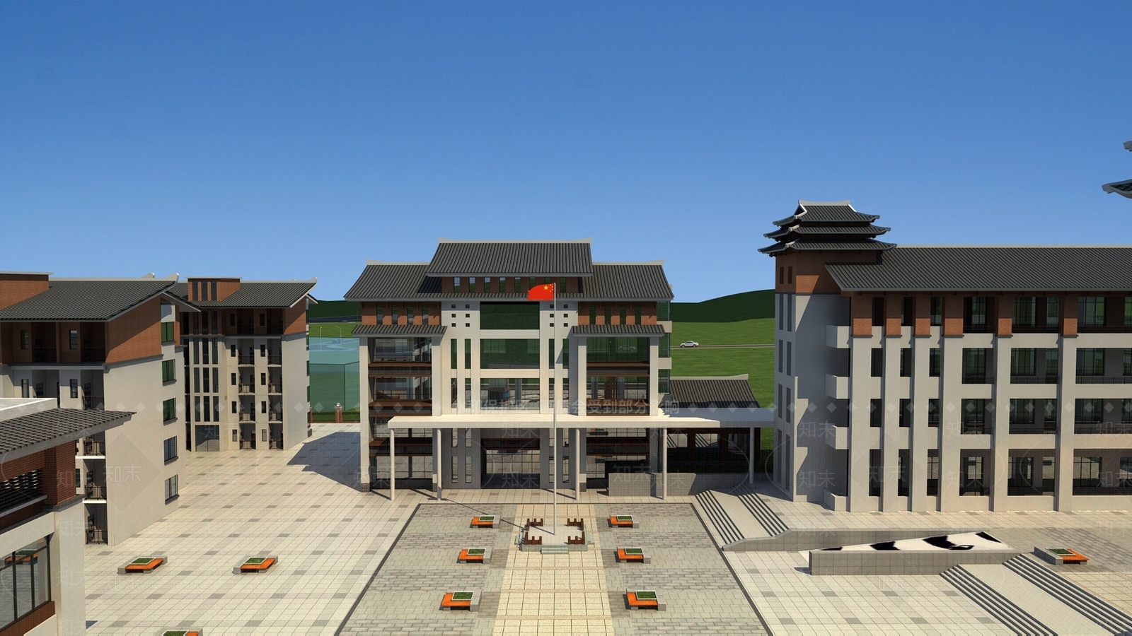 新中式学校外观3D模型渲染效果图