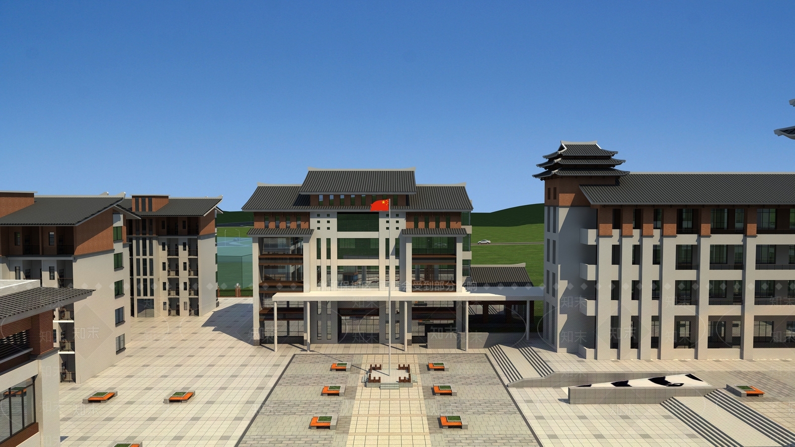 新中式学校外观3D模型下载【ID:1234515094】