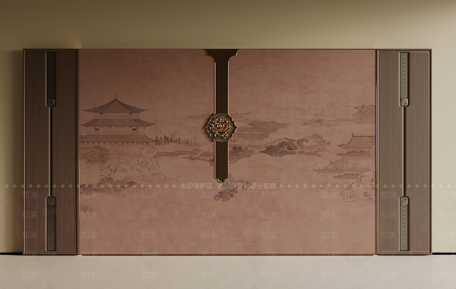 新中式电视背景墙3D模型渲染效果图