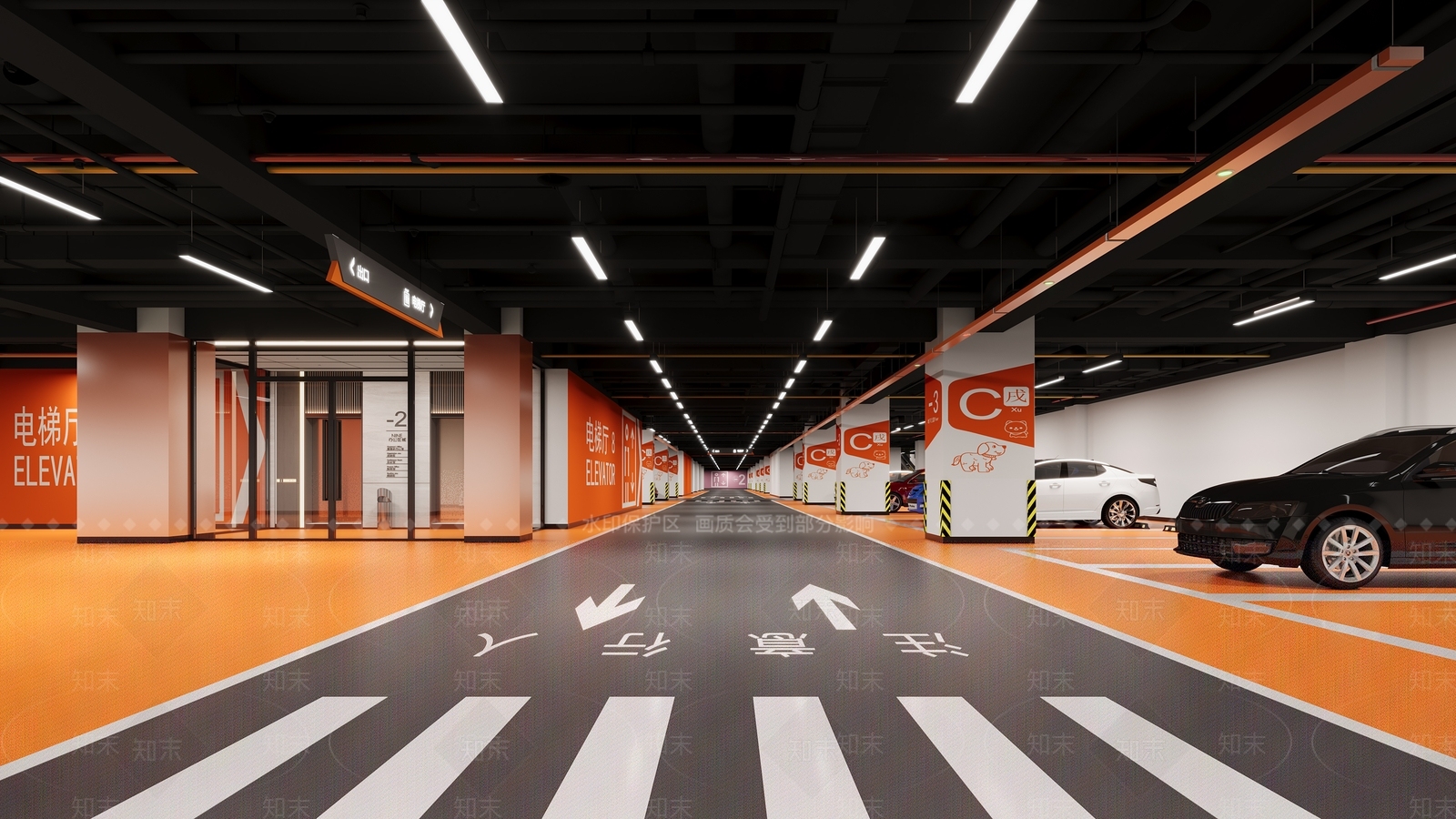 现代室内停车场3D模型渲染效果图