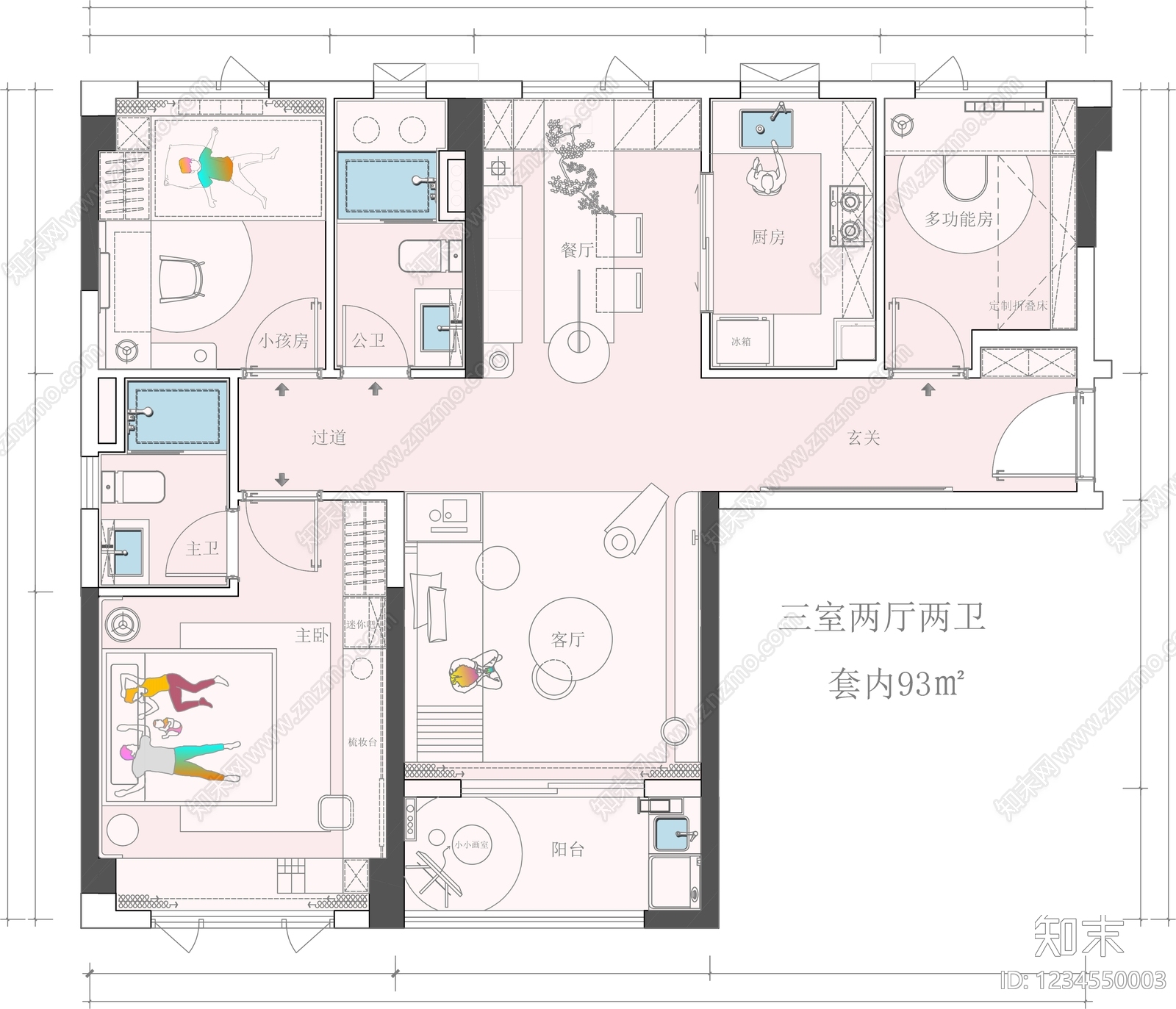 小户型平层cad施工图下载【ID:1234550003】