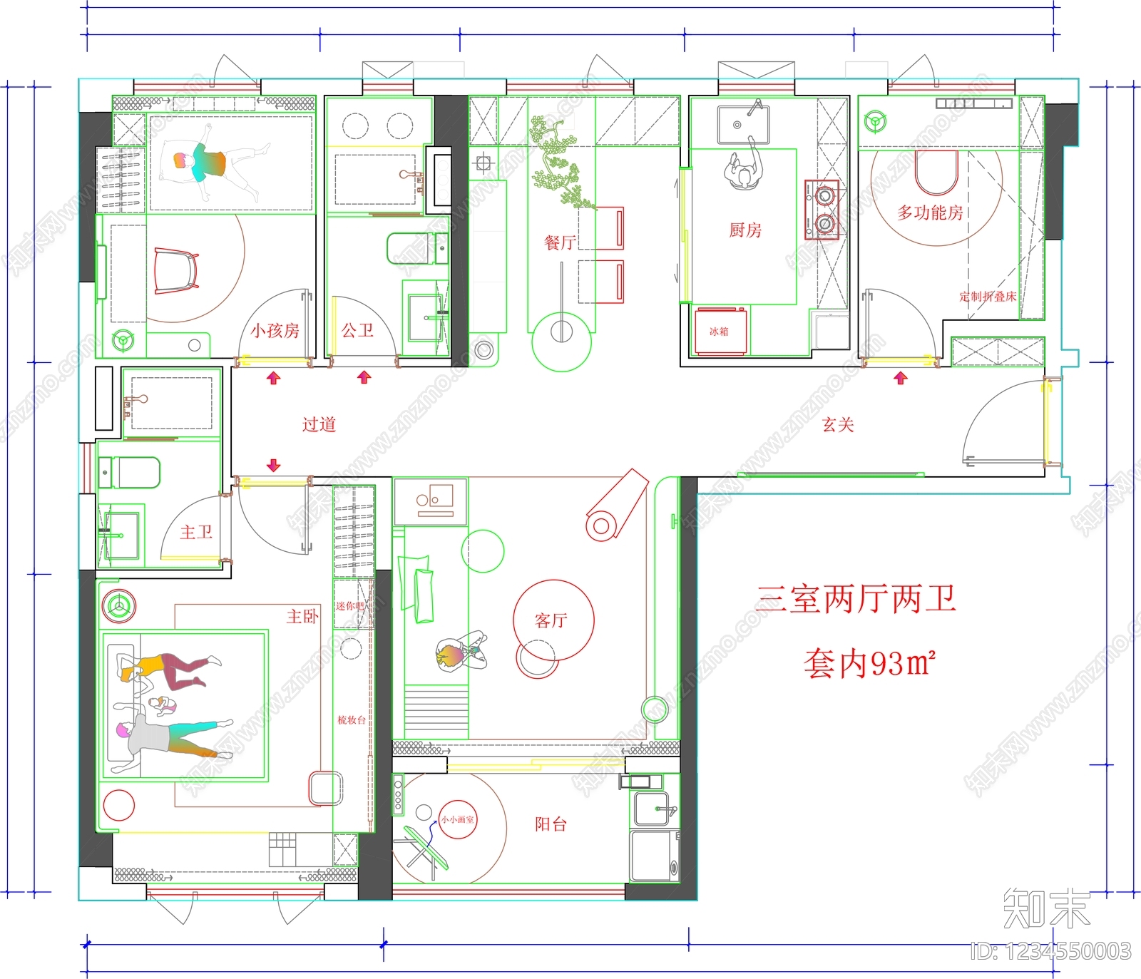 小户型平层cad施工图下载【ID:1234550003】