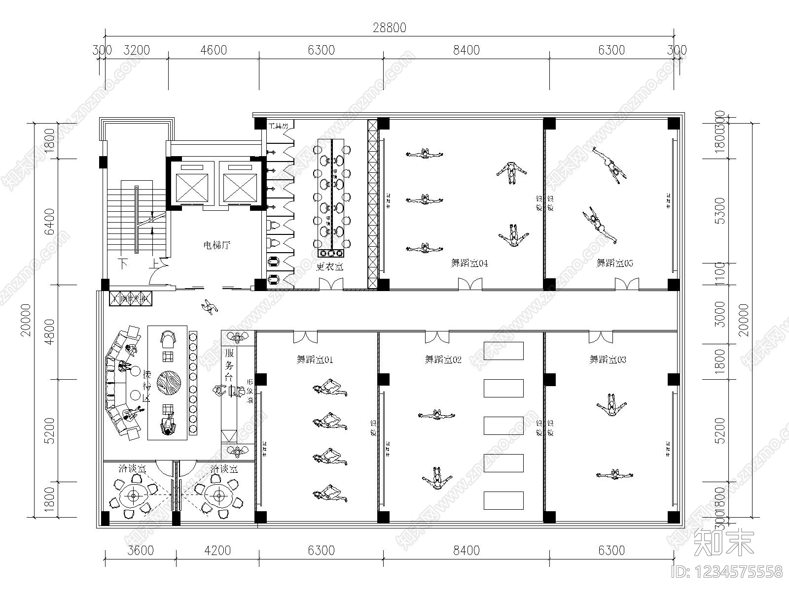 舞蹈室cad施工图下载【ID:1234575558】