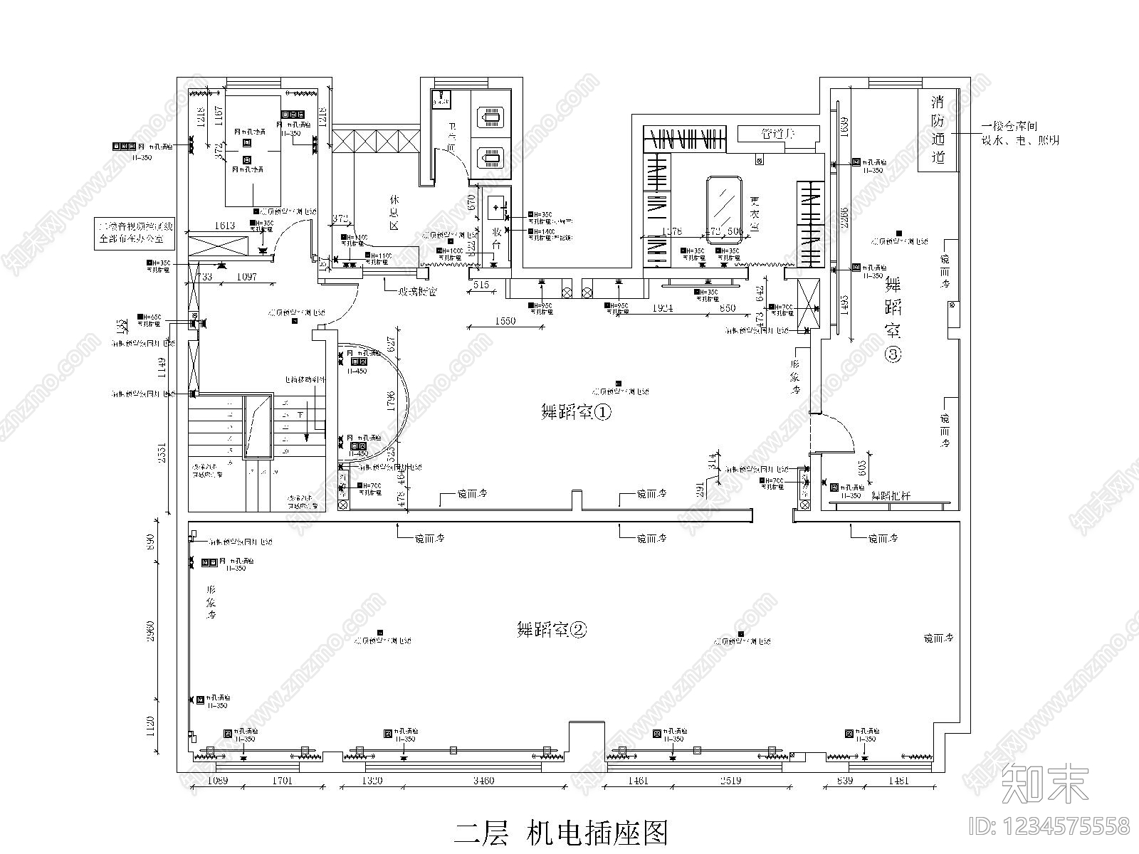 舞蹈室cad施工图下载【ID:1234575558】