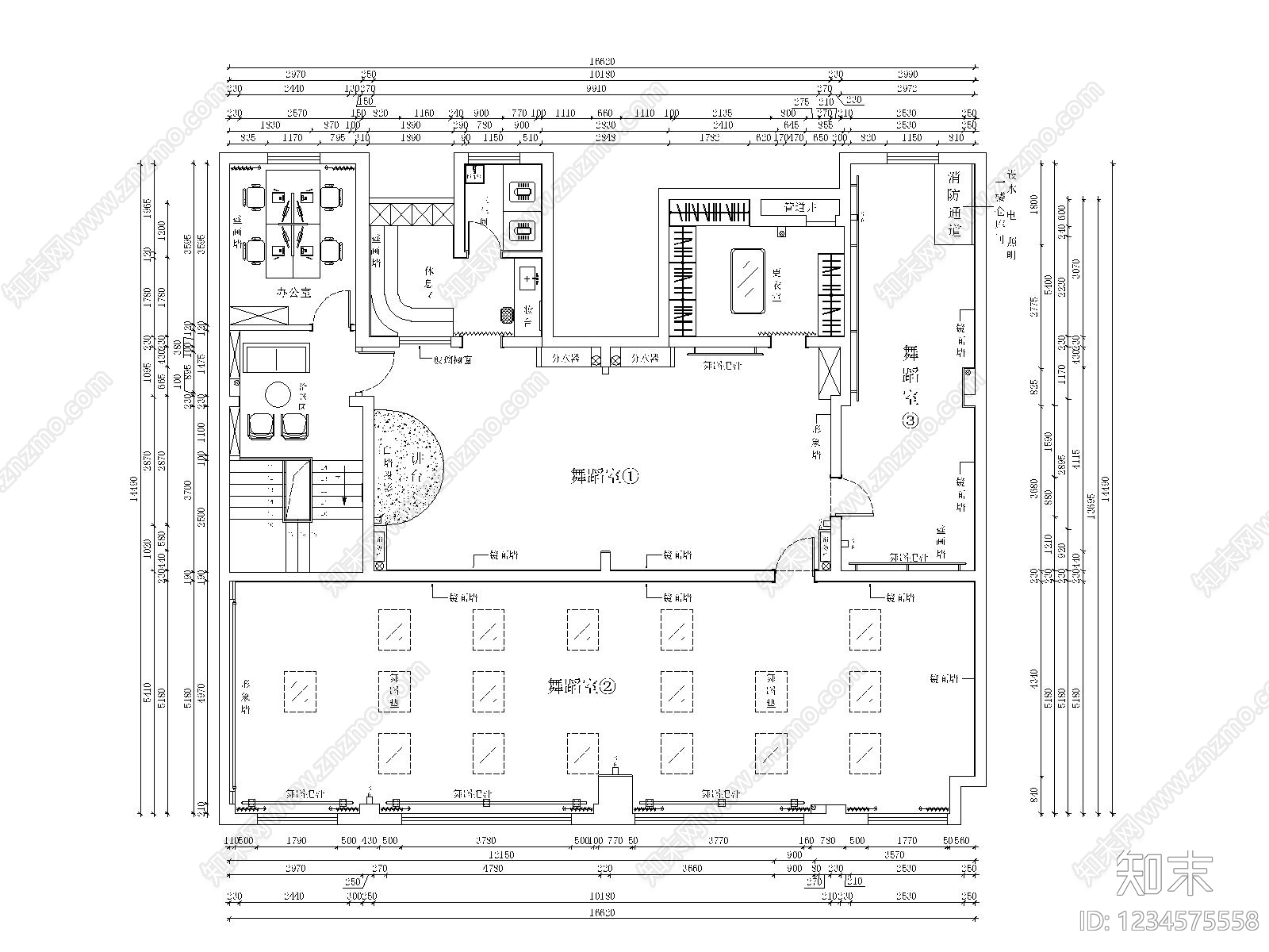 舞蹈室cad施工图下载【ID:1234575558】