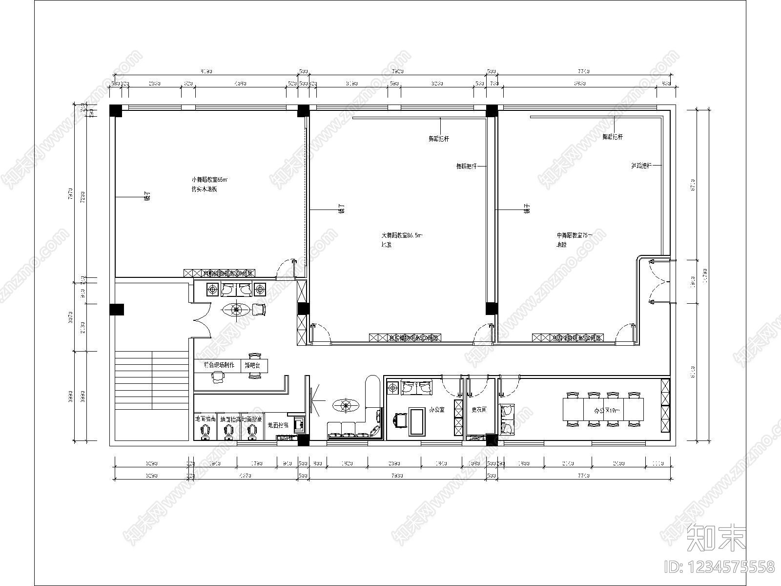 舞蹈室cad施工图下载【ID:1234575558】