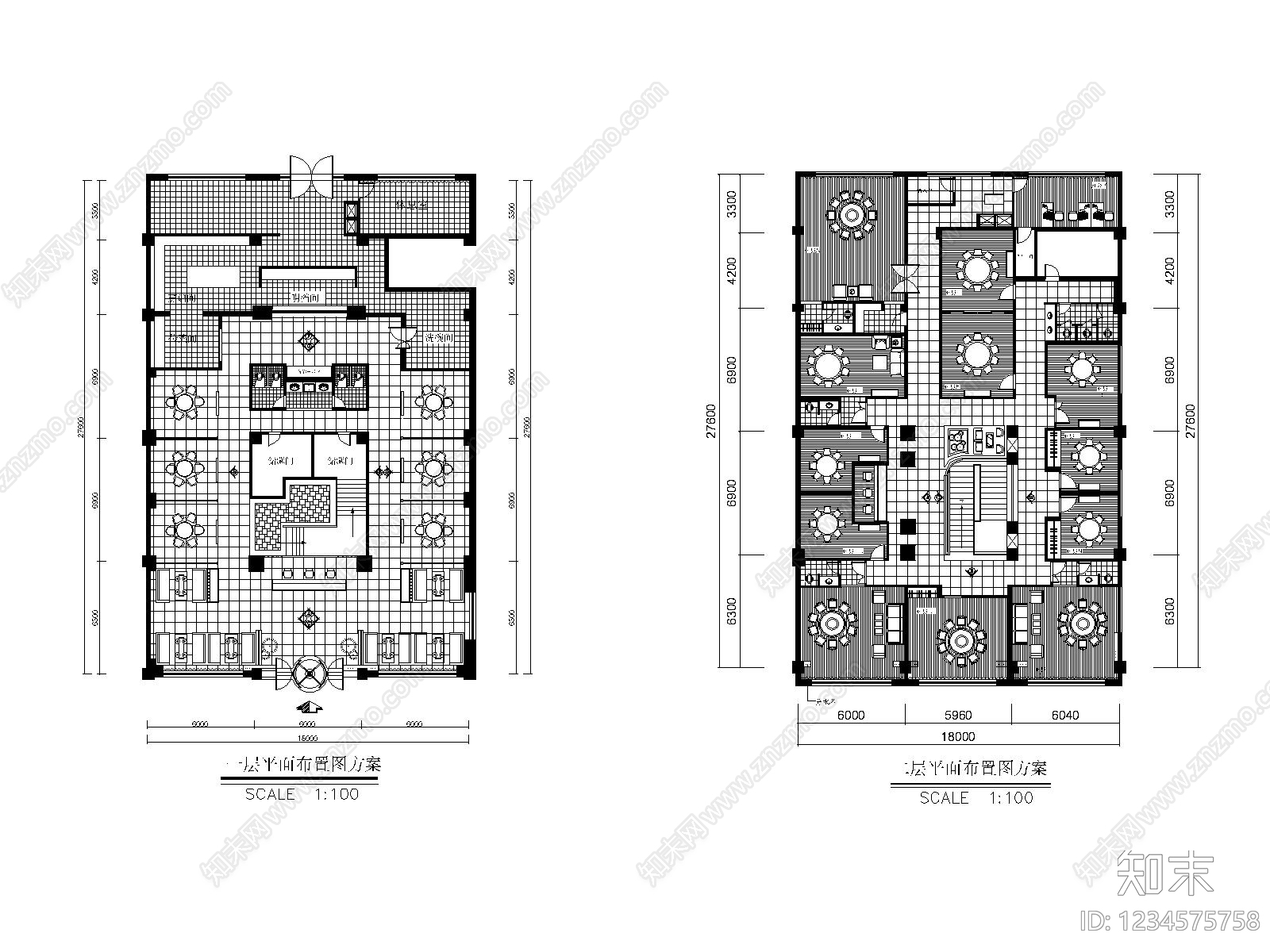 中餐厅cad施工图下载【ID:1234575758】