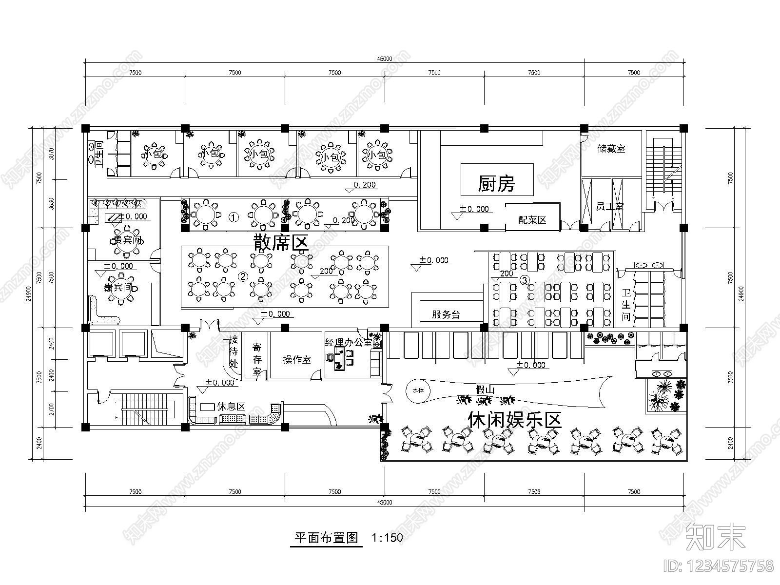 中餐厅cad施工图下载【ID:1234575758】