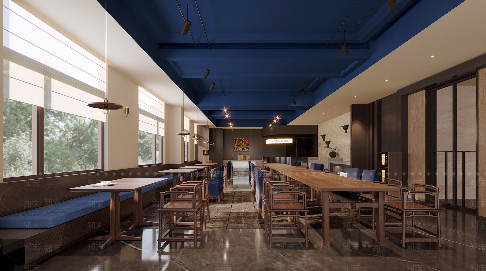新中式酒店餐厅3D模型渲染效果图