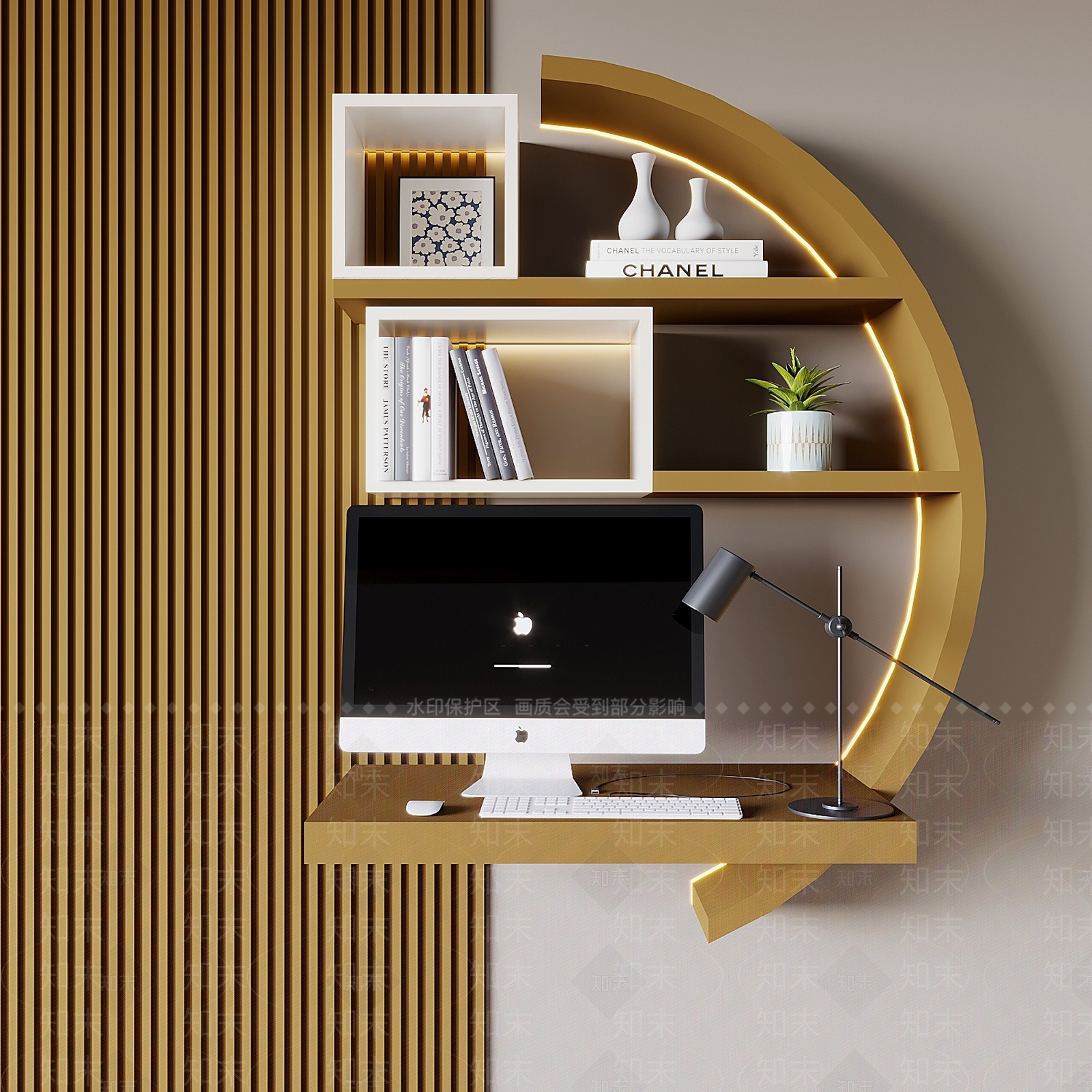 轻奢书桌3D模型渲染效果图