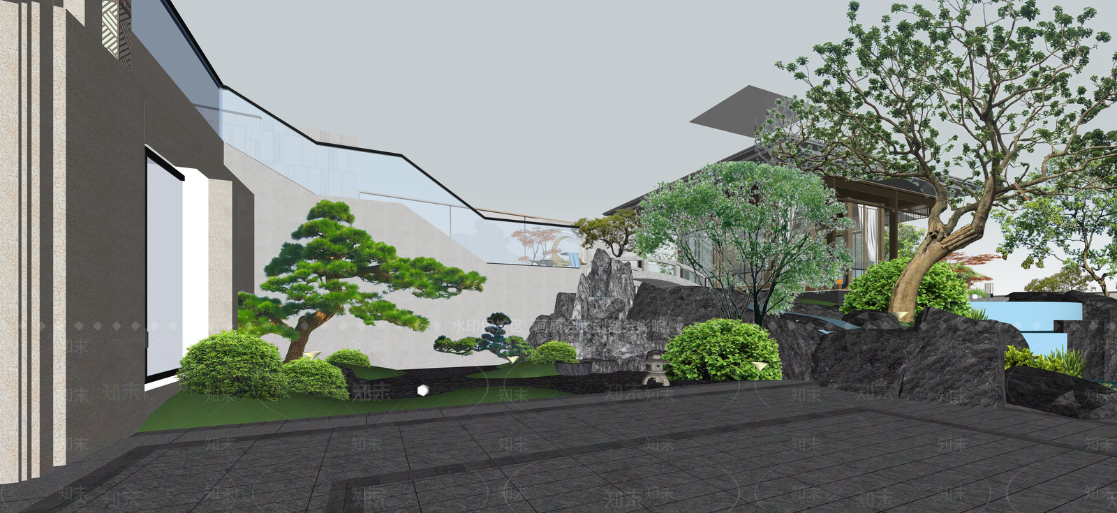 新中式景观别墅庭院SU模型下载【ID:1234609959】
