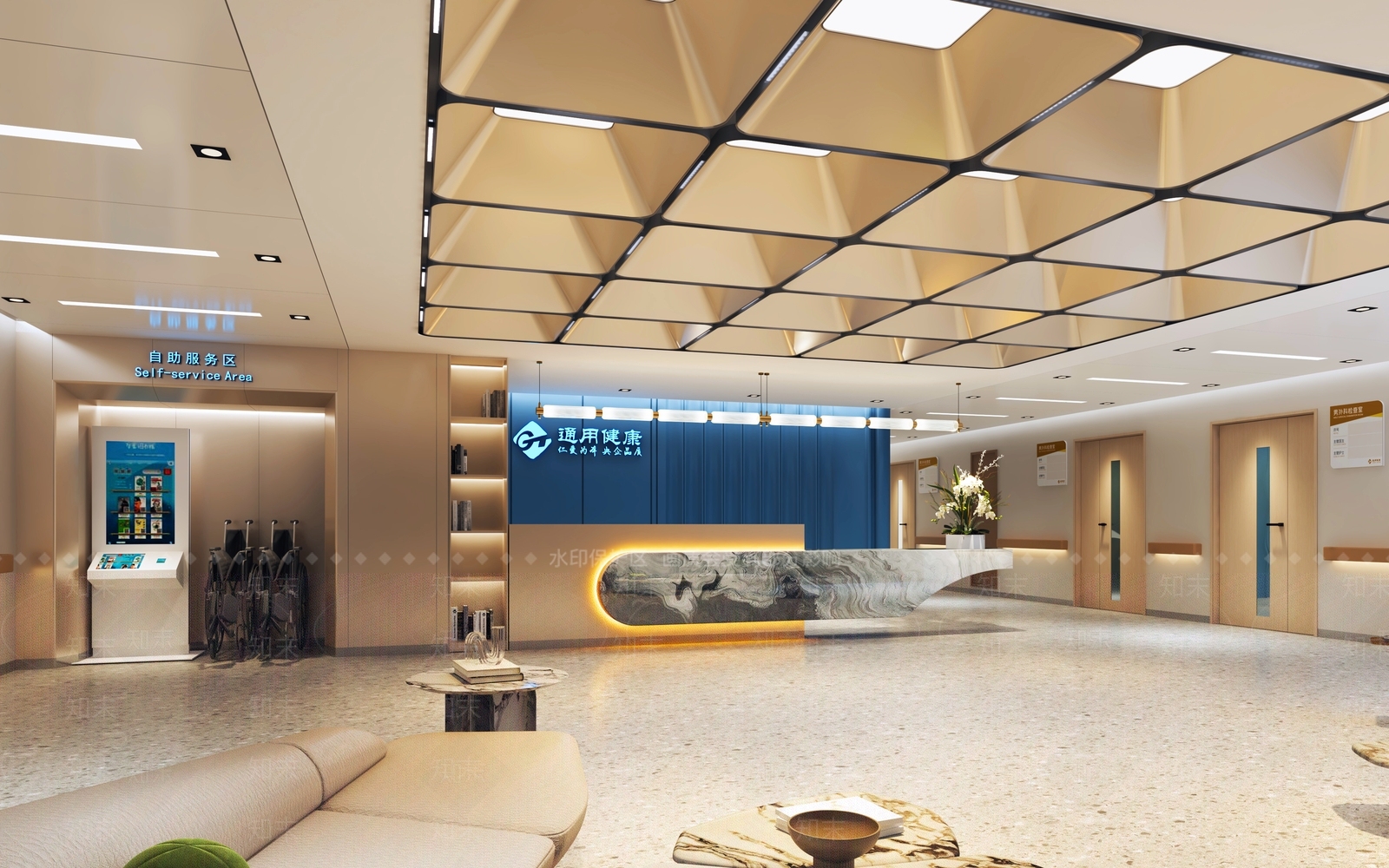 现代简约医院大厅3D模型渲染效果图