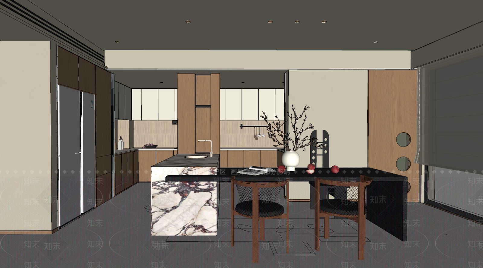 奶油风岛台餐厅SU模型下载【ID:1234618310】