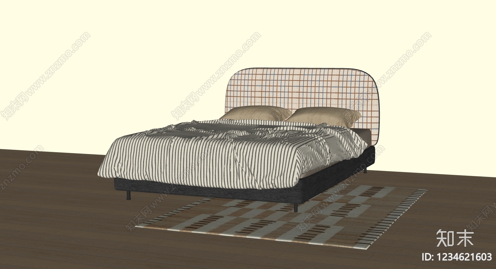 奶油风双人床SU模型下载【ID:1234621603】