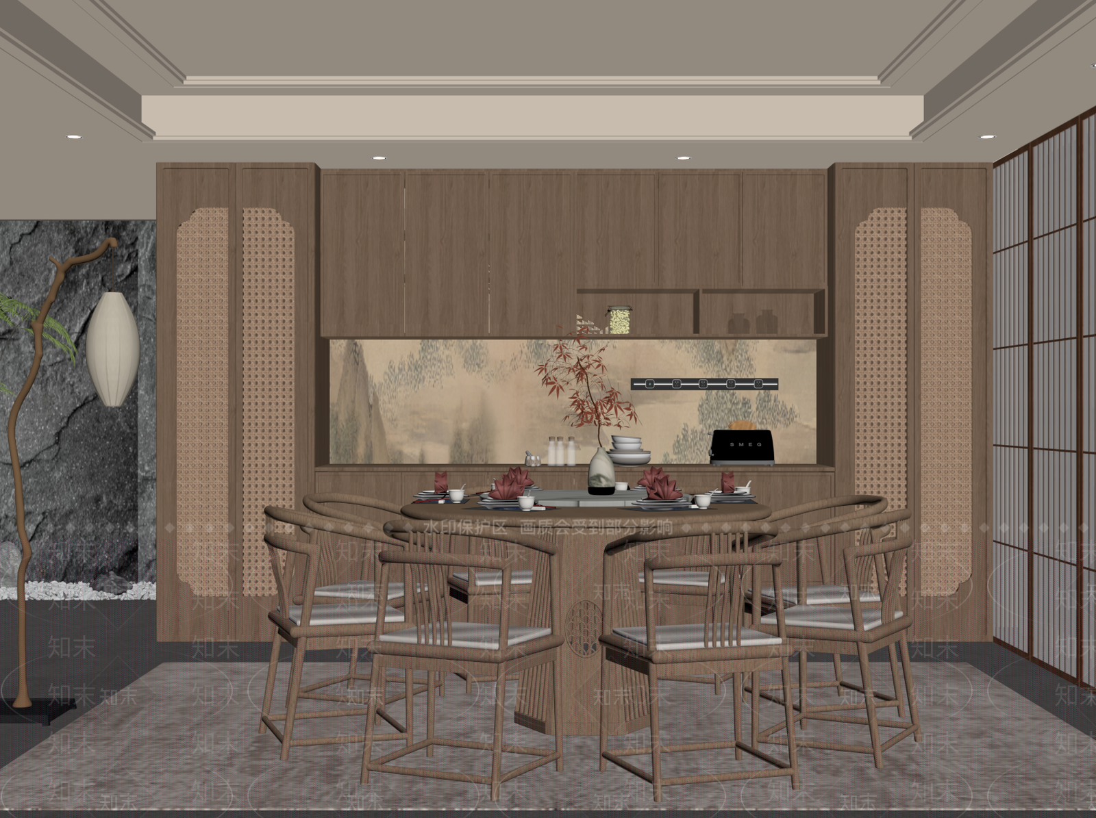 新中式家居餐厅SU模型下载【ID:1234634114】