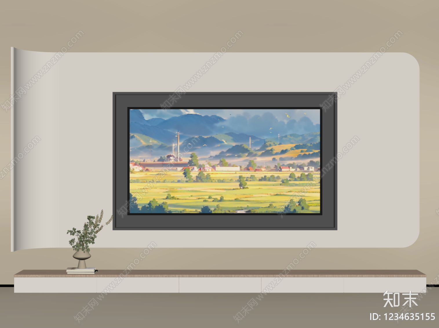 奶油风电视背景墙3D模型下载【ID:1234635155】