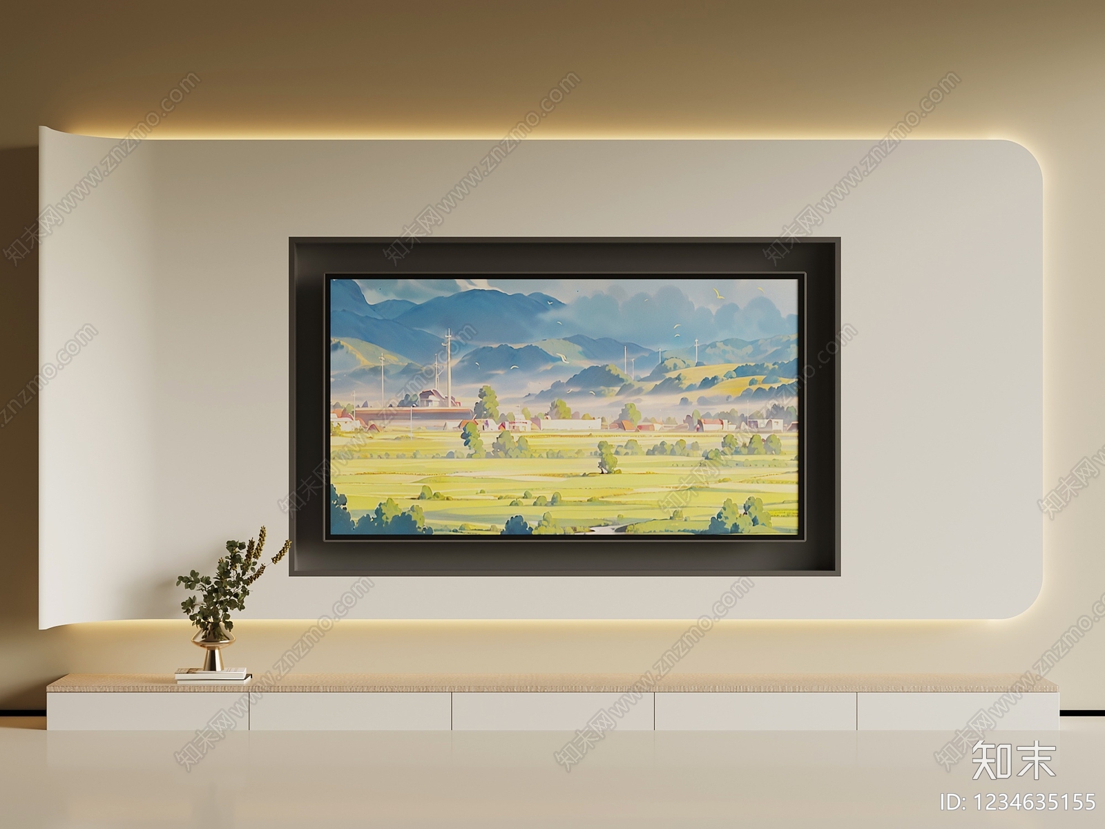 奶油风电视背景墙3D模型下载【ID:1234635155】