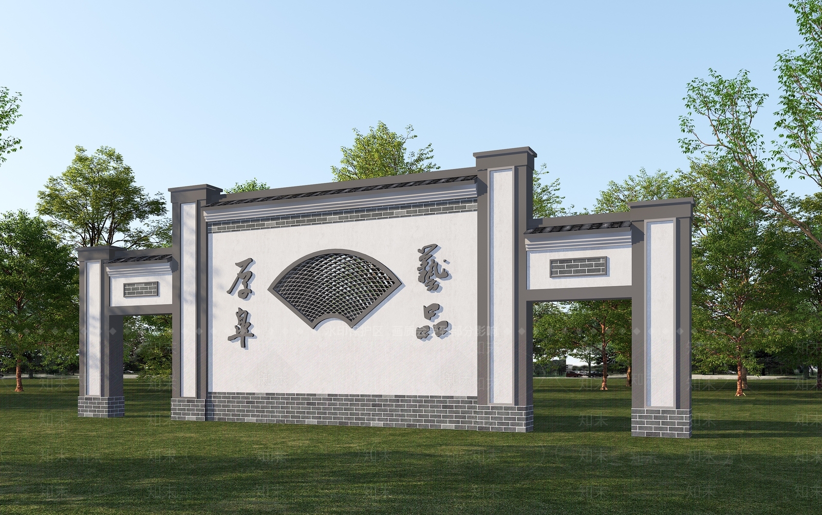 新中式景观景墙3D模型渲染效果图